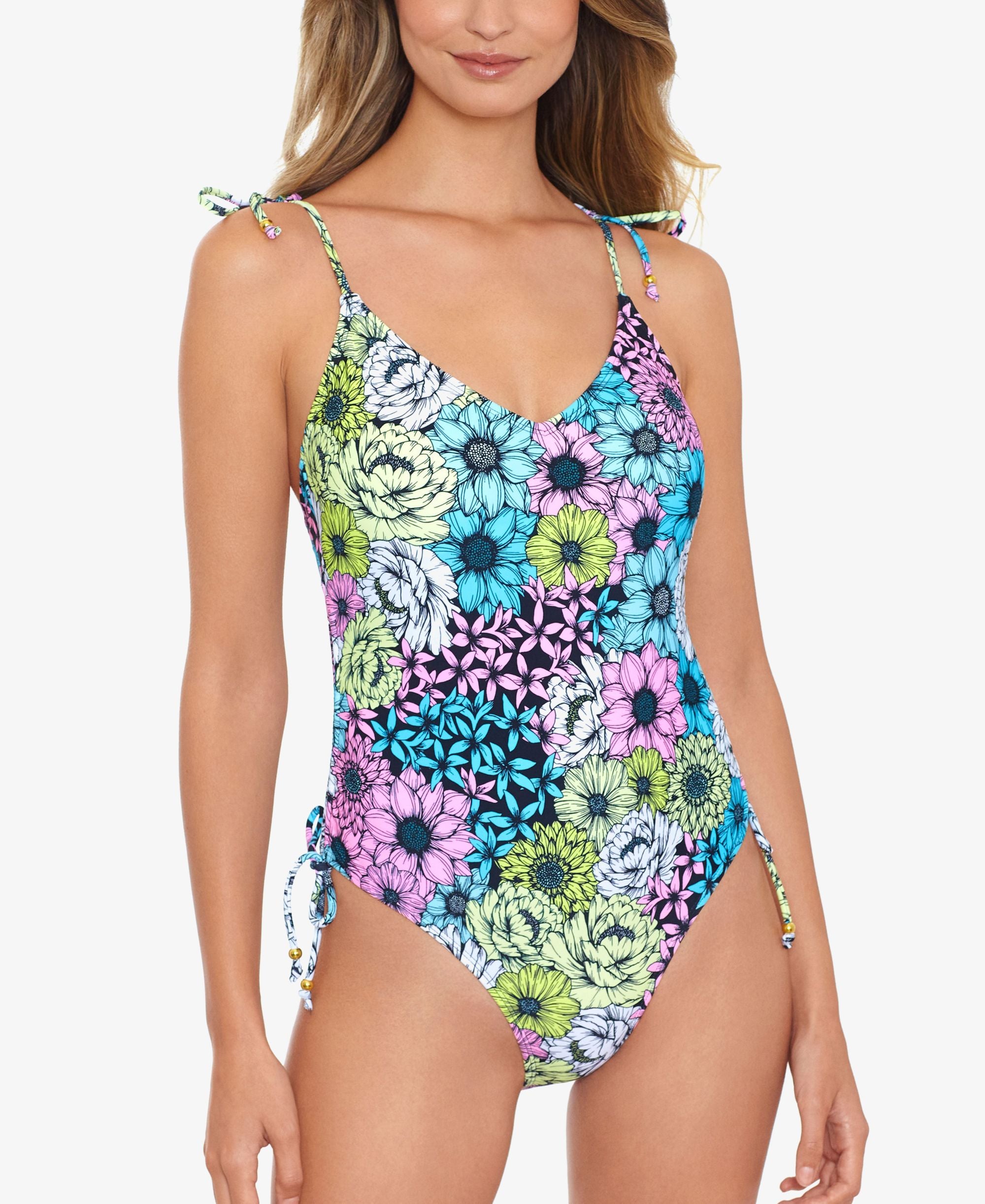 Juniors' Blossomed Side-Shirred One-Piece Swimsuit With Shoulder Ties