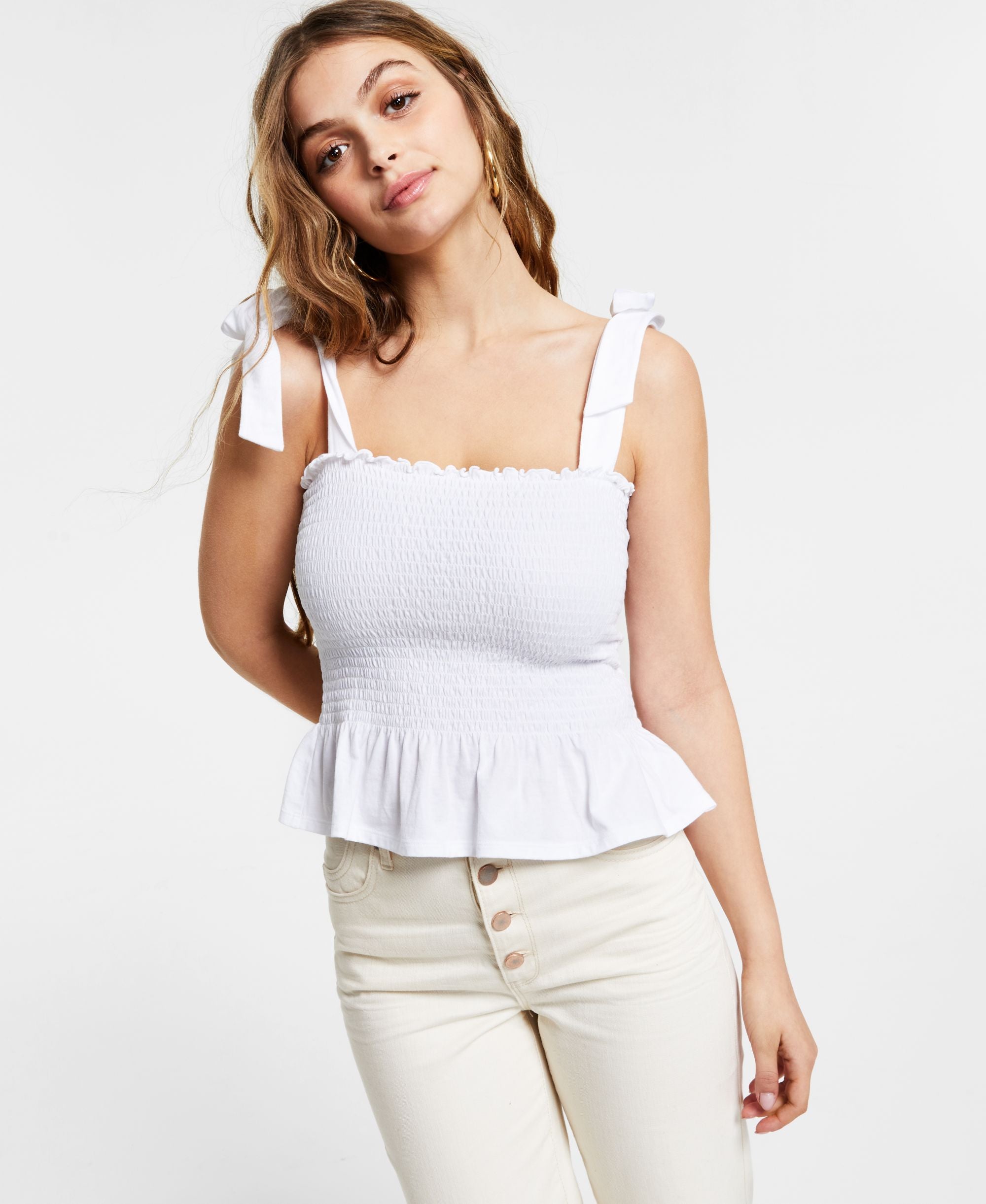 Bar III Cotton Smocked Peplum Top