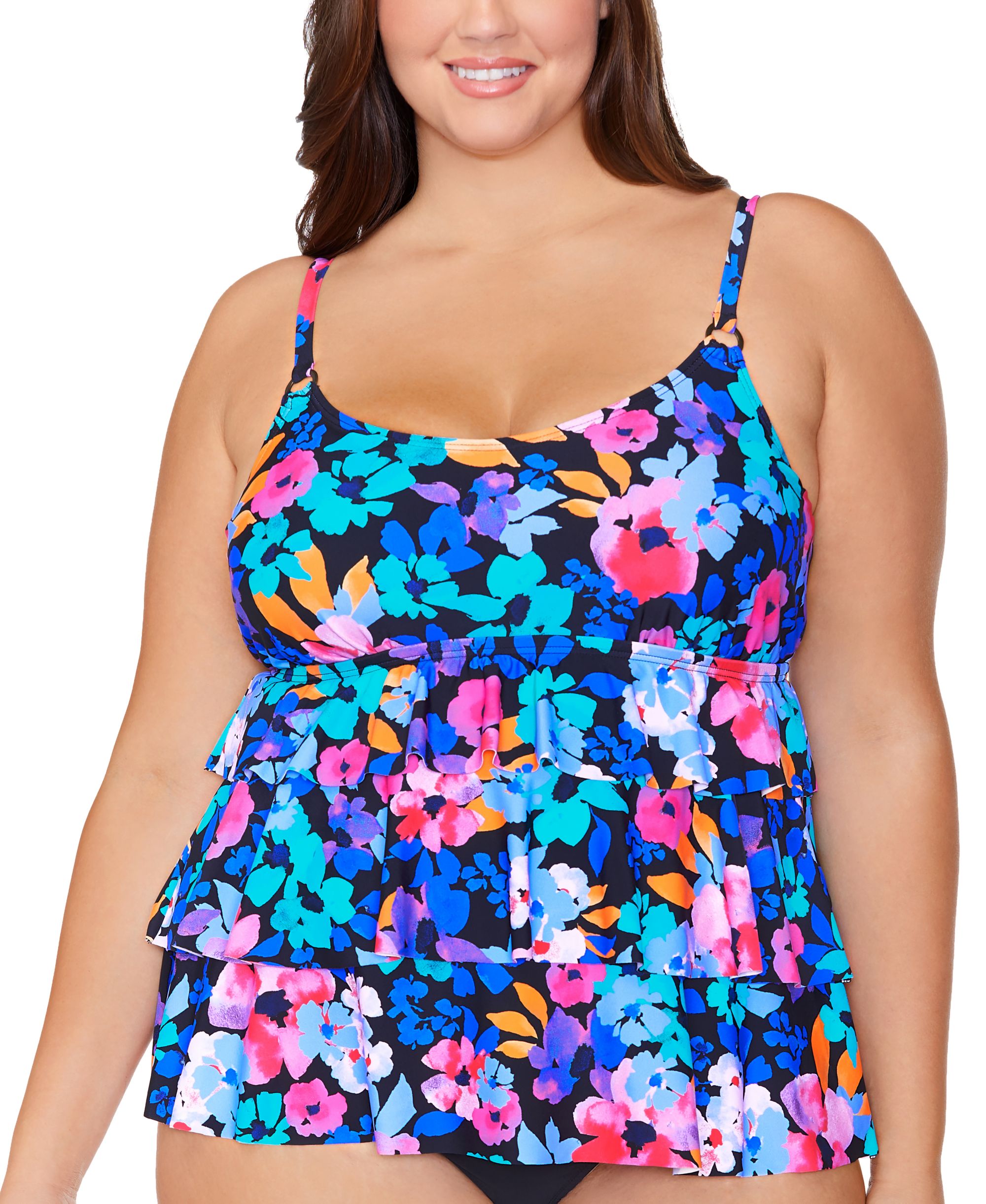 Plus Size Floral-Print Tiered Underwire Tankini Top