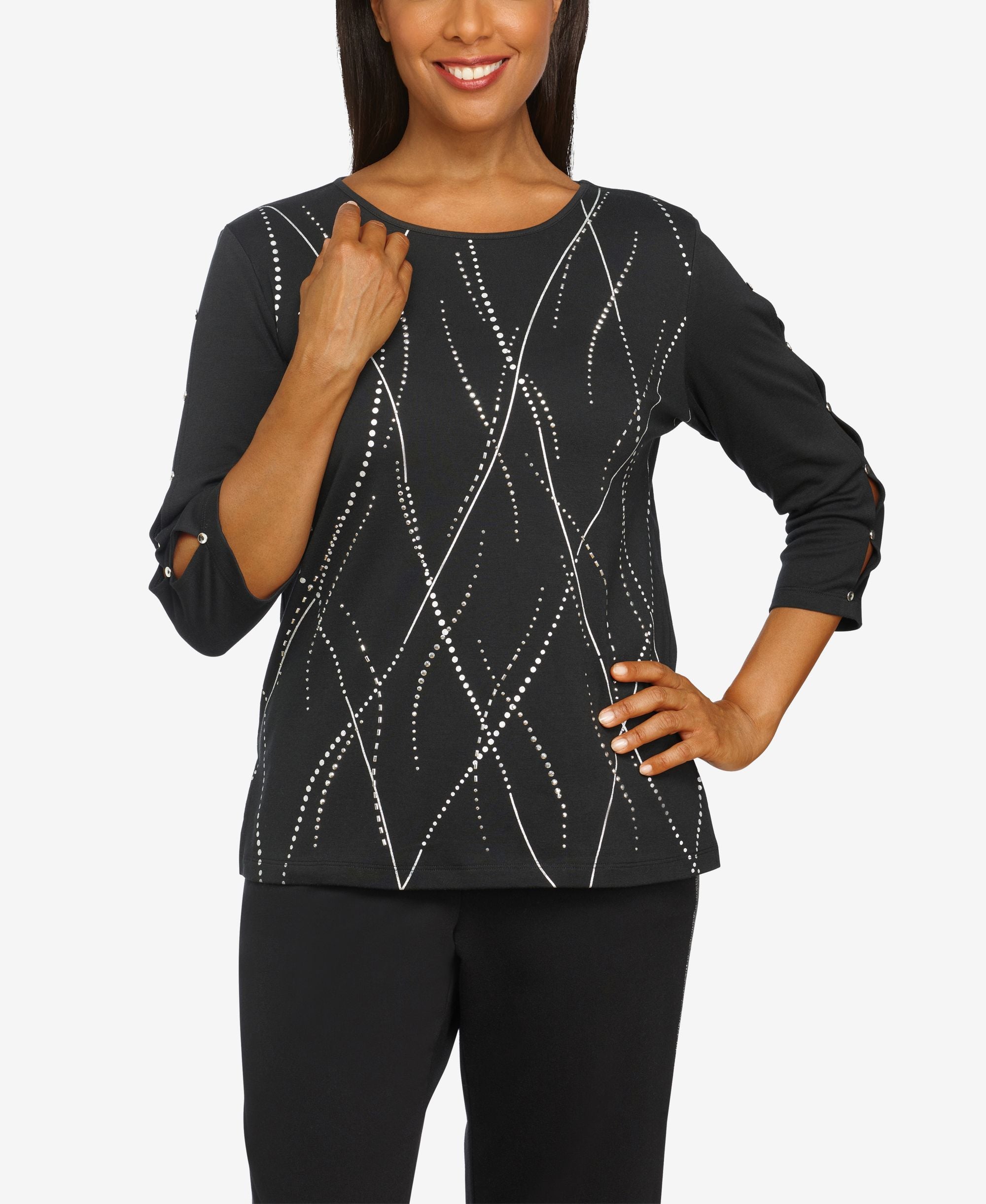 Petite Casual Approach Swirl Embellished Top