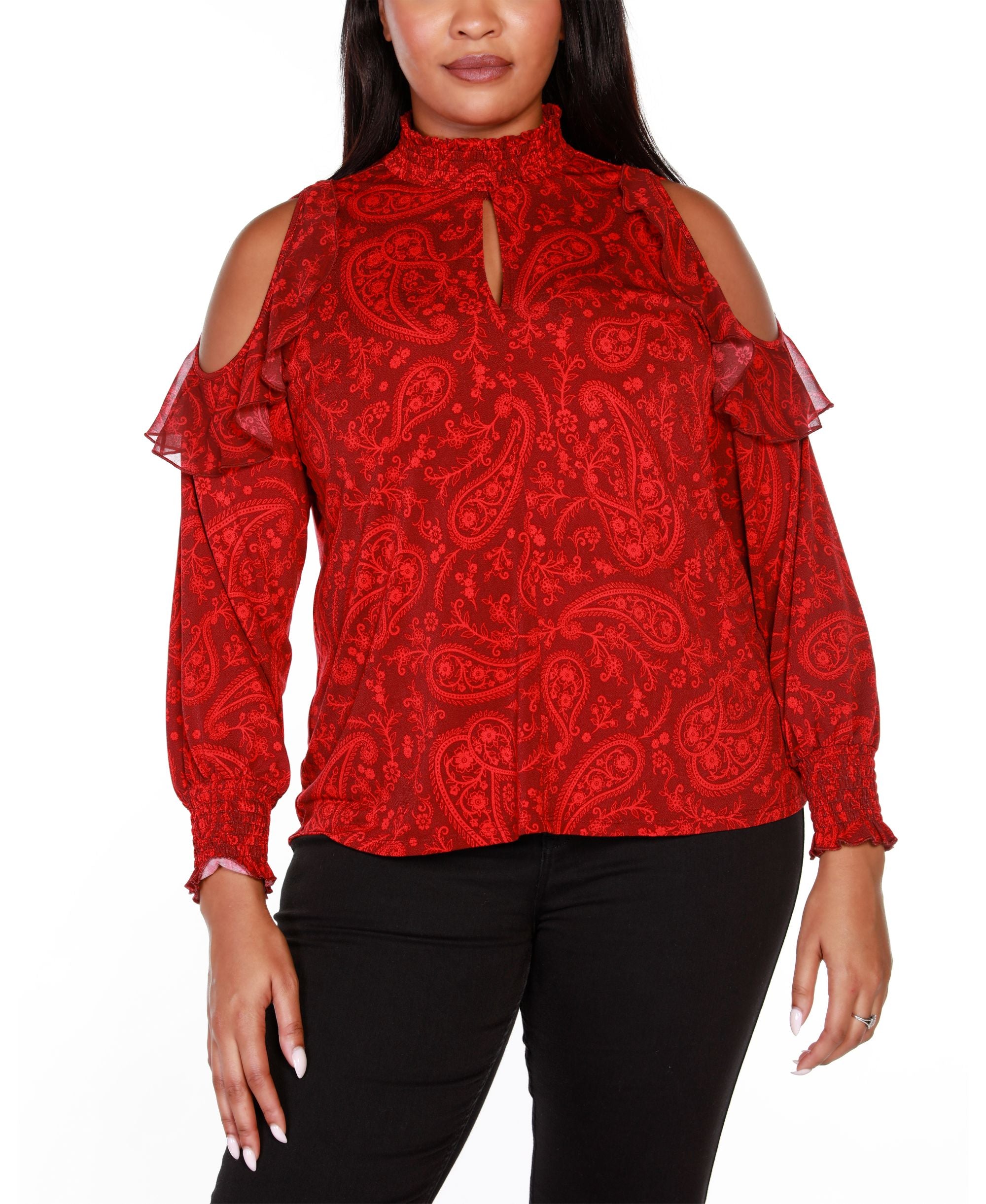 Belldini Black Label Plus Size Cold Shoulder Ruffled Top