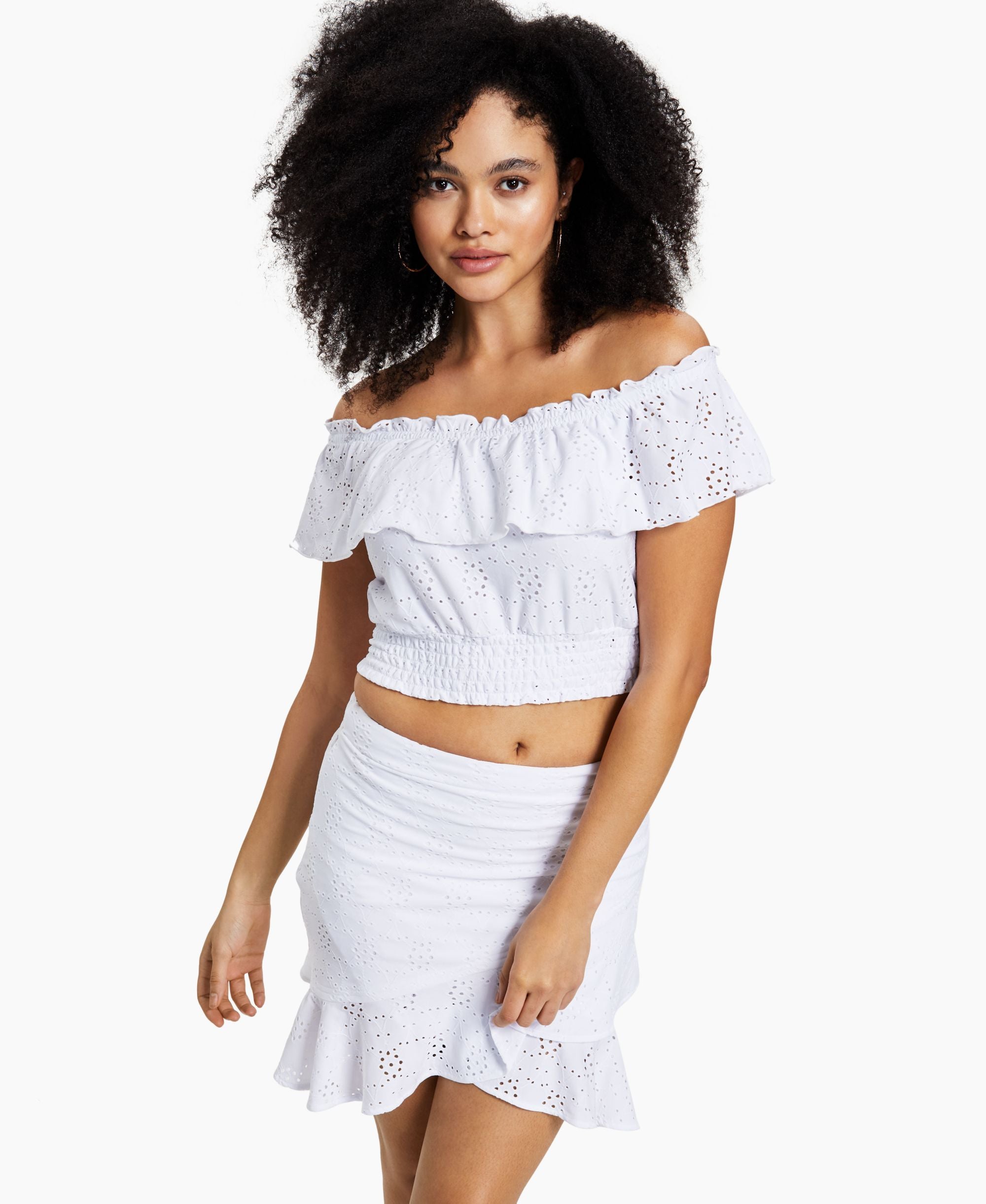 Bar III Petite Off The Shoulder Eyelet Cropped Top