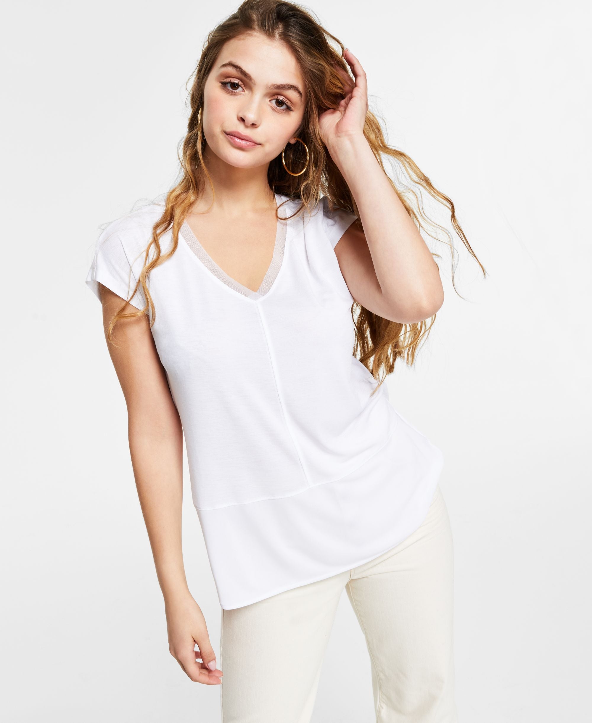 V-Neck Mixed-Media Mesh Top