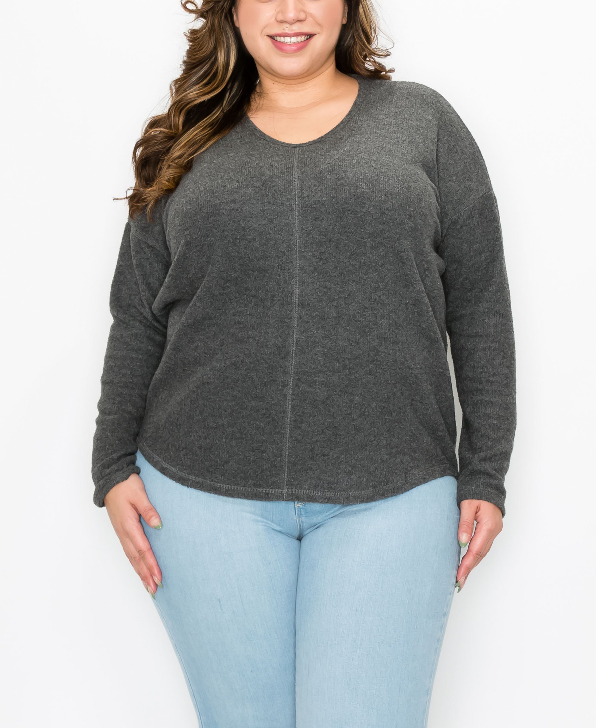 Plus Size Cozy Rib V Neck Dolman Top