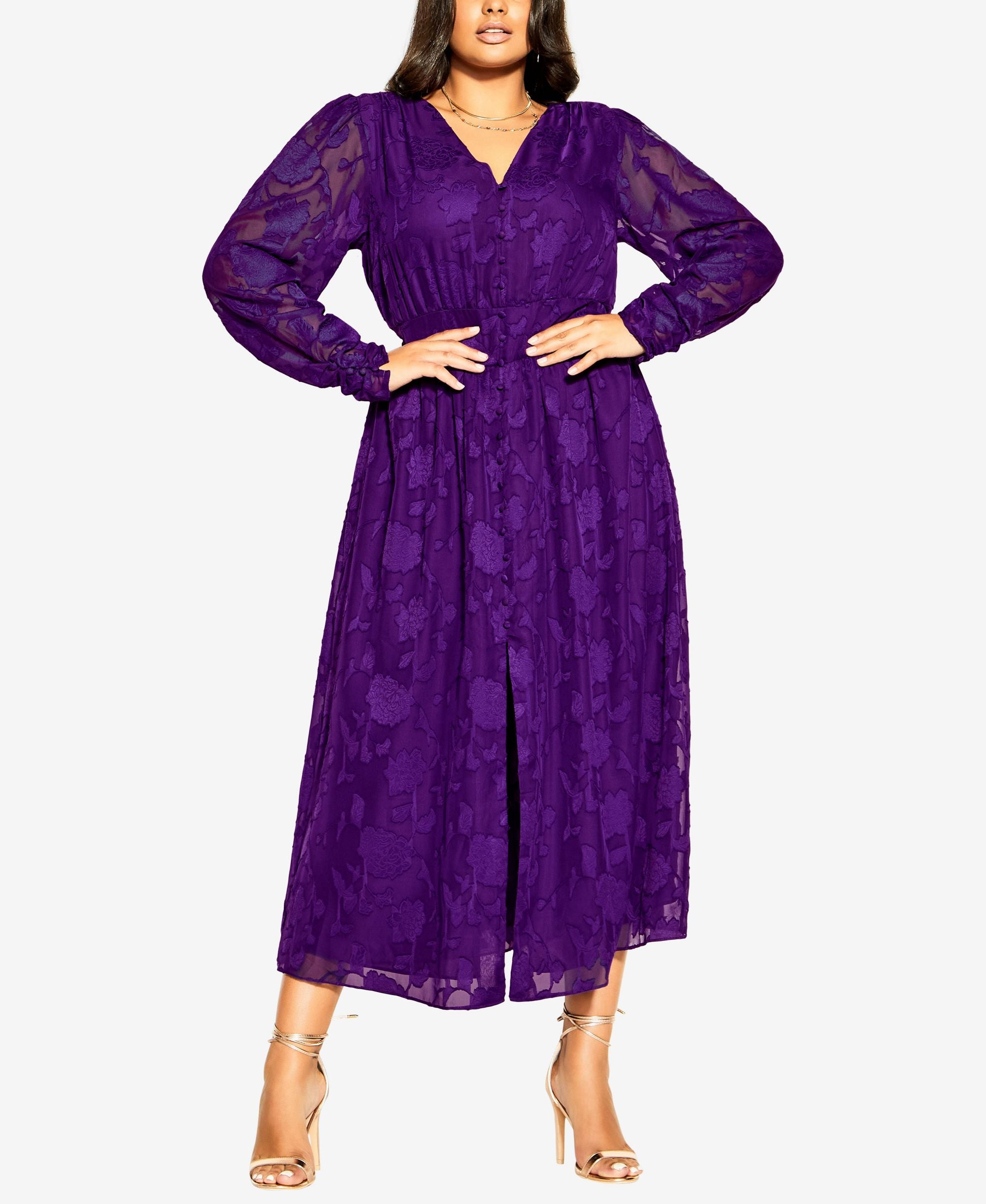 City Chic Trendy Plus Sweet Sass Long Sleeve Burnout A-Line Dress