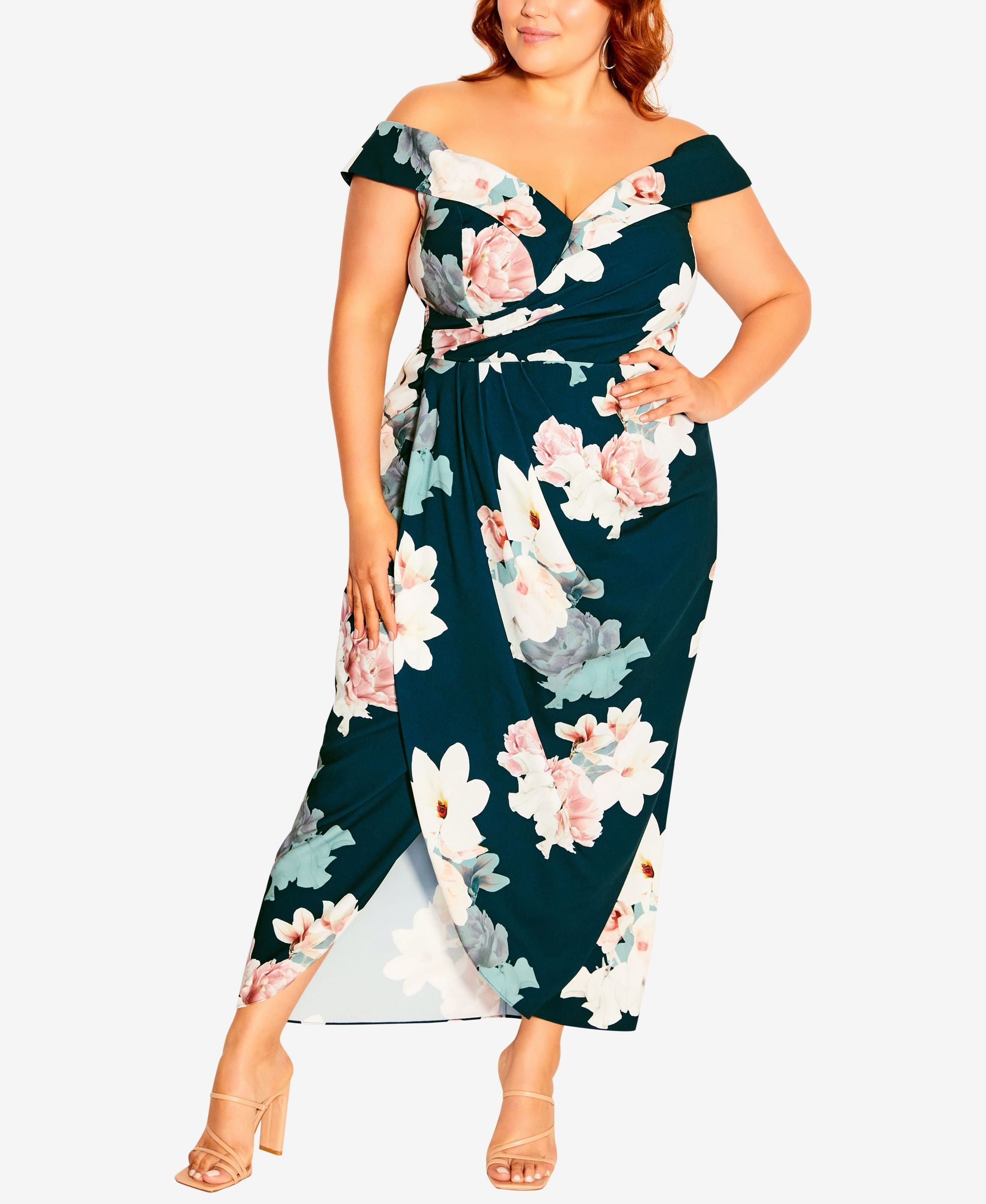 City Chic Emerald Floral Off the Shoulder Maxi Dress