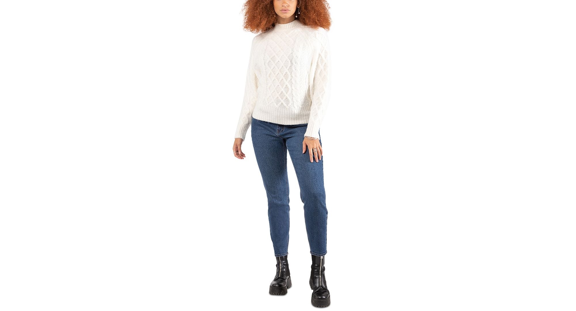 Black Tape Mock Neck Cable Knit Sweater
