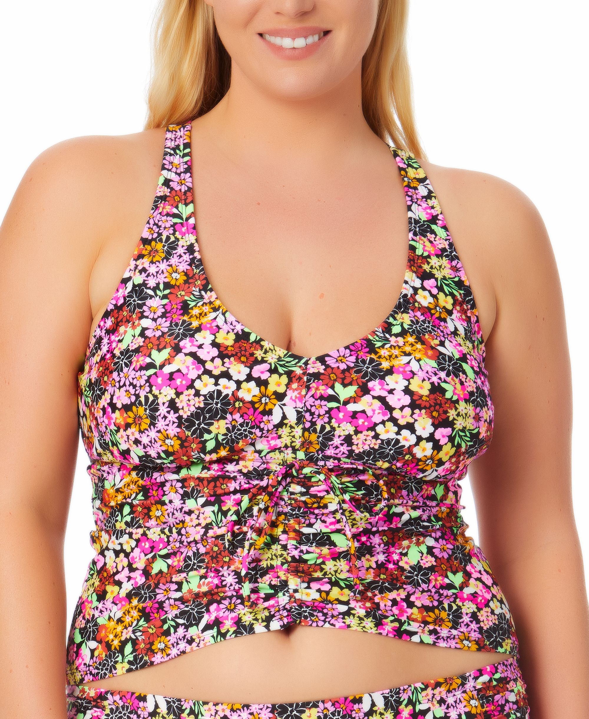 California Waves Trendy Plus Size Ditsy-Print Drawstring Tankini Top