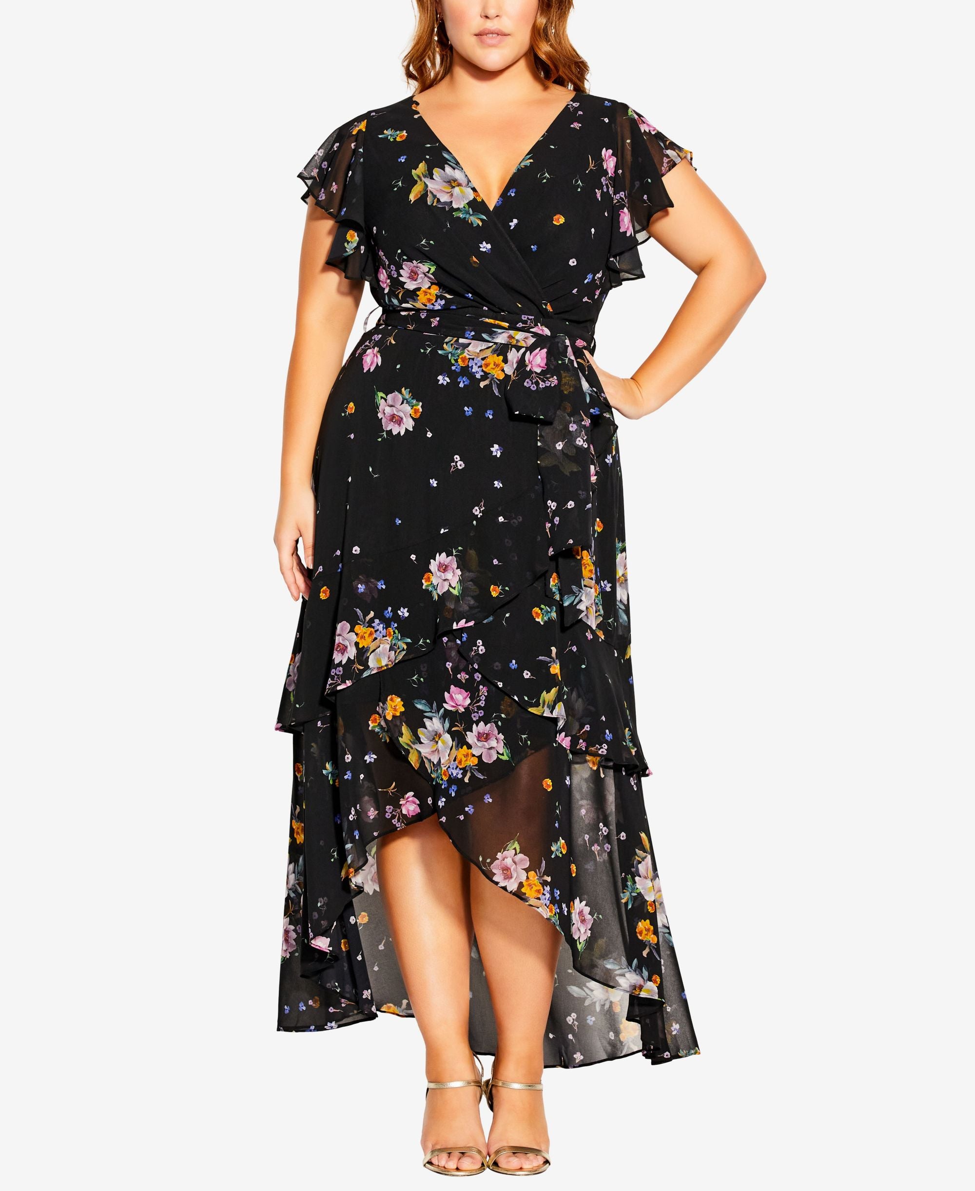 City Chic Trendy Plus Size Summer Rose Wrap V-neck Maxi Dress