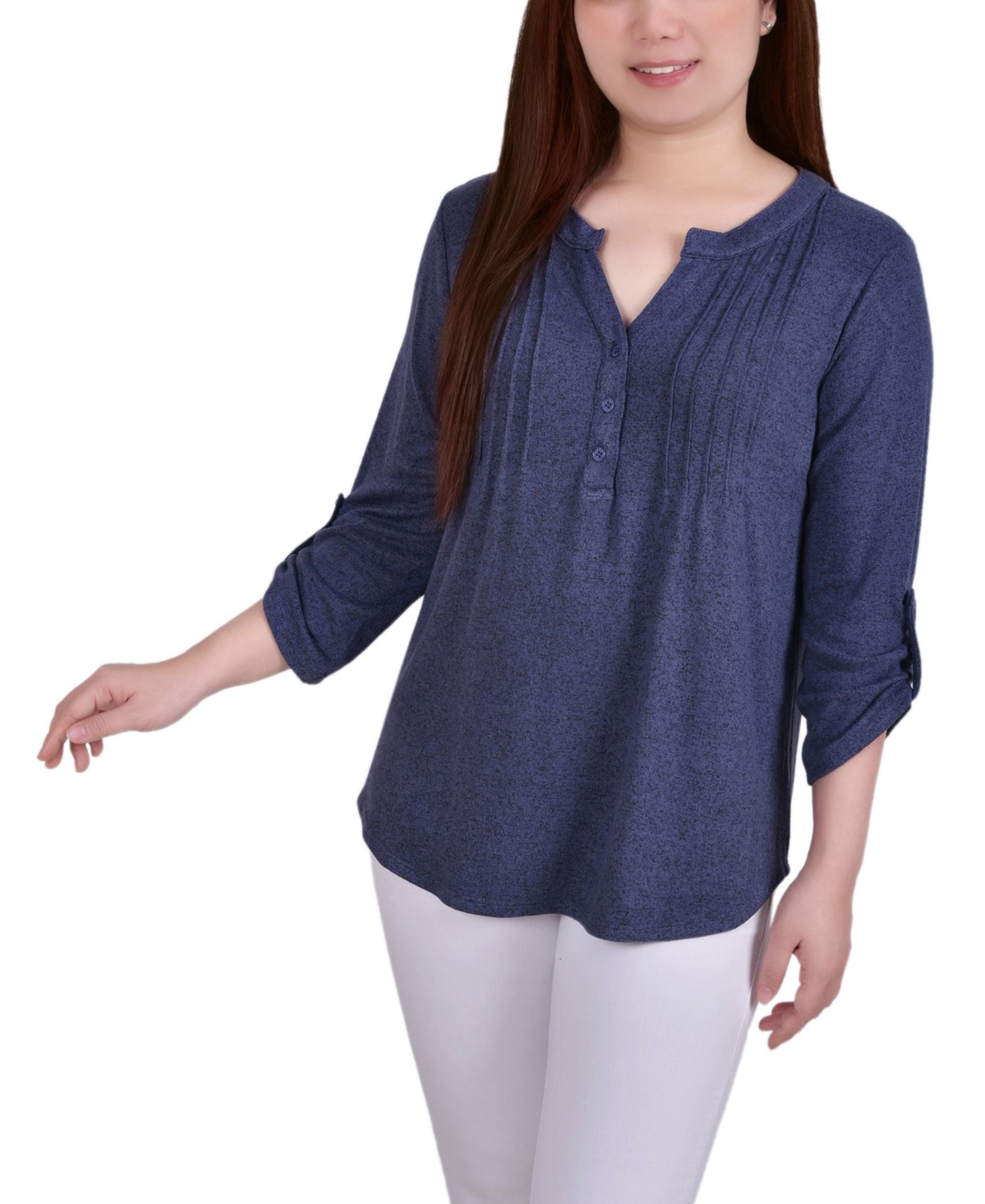 NY Collection Petite 3/4 Roll Tab Sleeve Y Neck Top