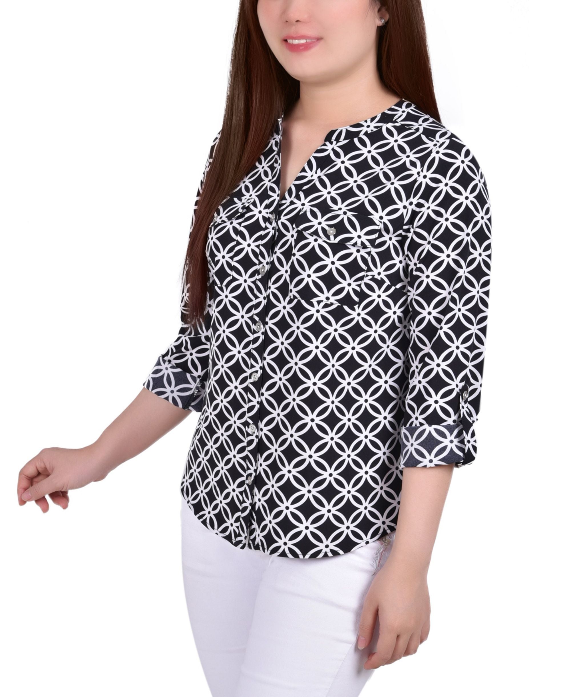 Petite 3/4 Sleeve Roll Tab Y Neck Blouse