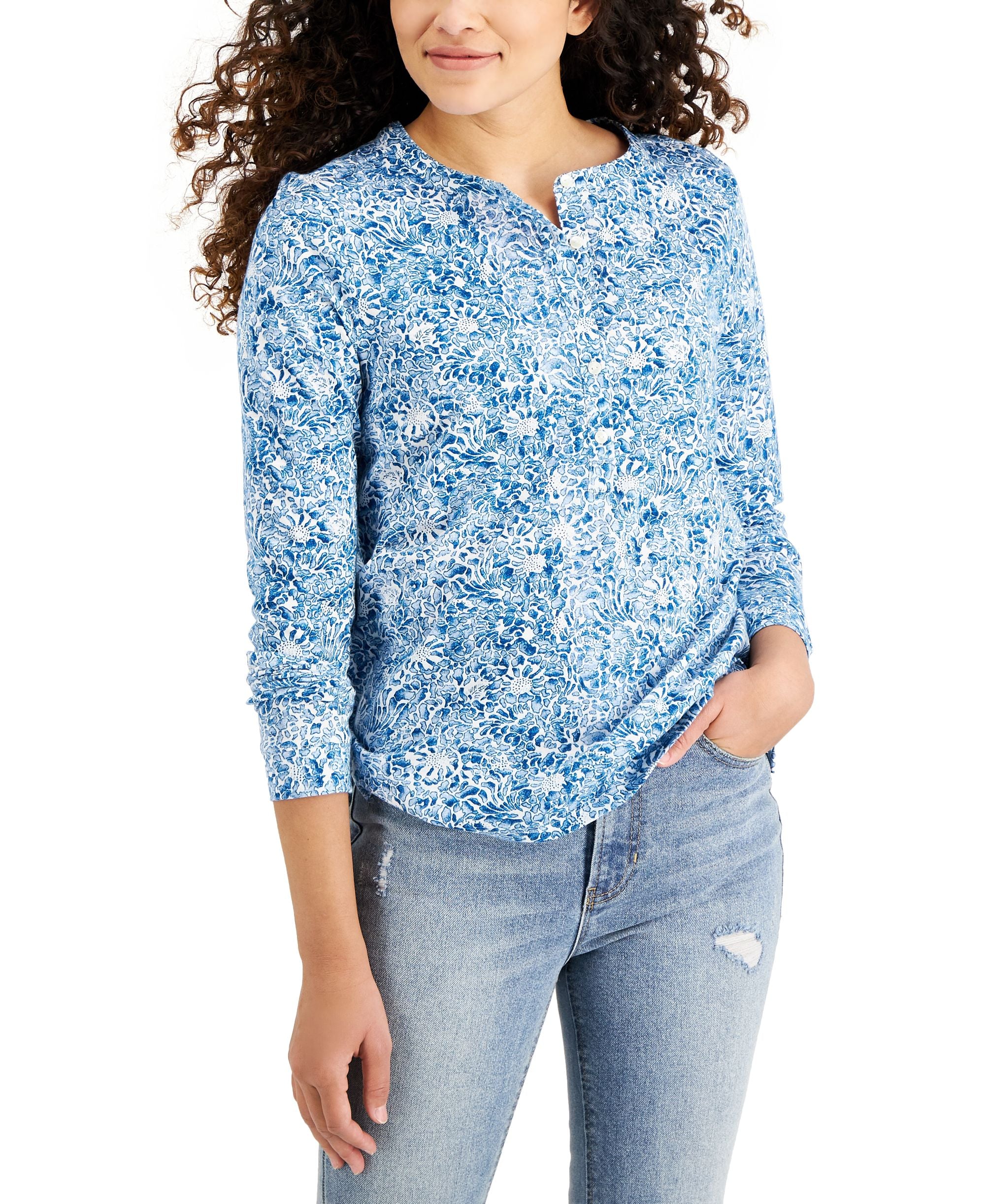 Style & Co Petite Printed Cotton Top
