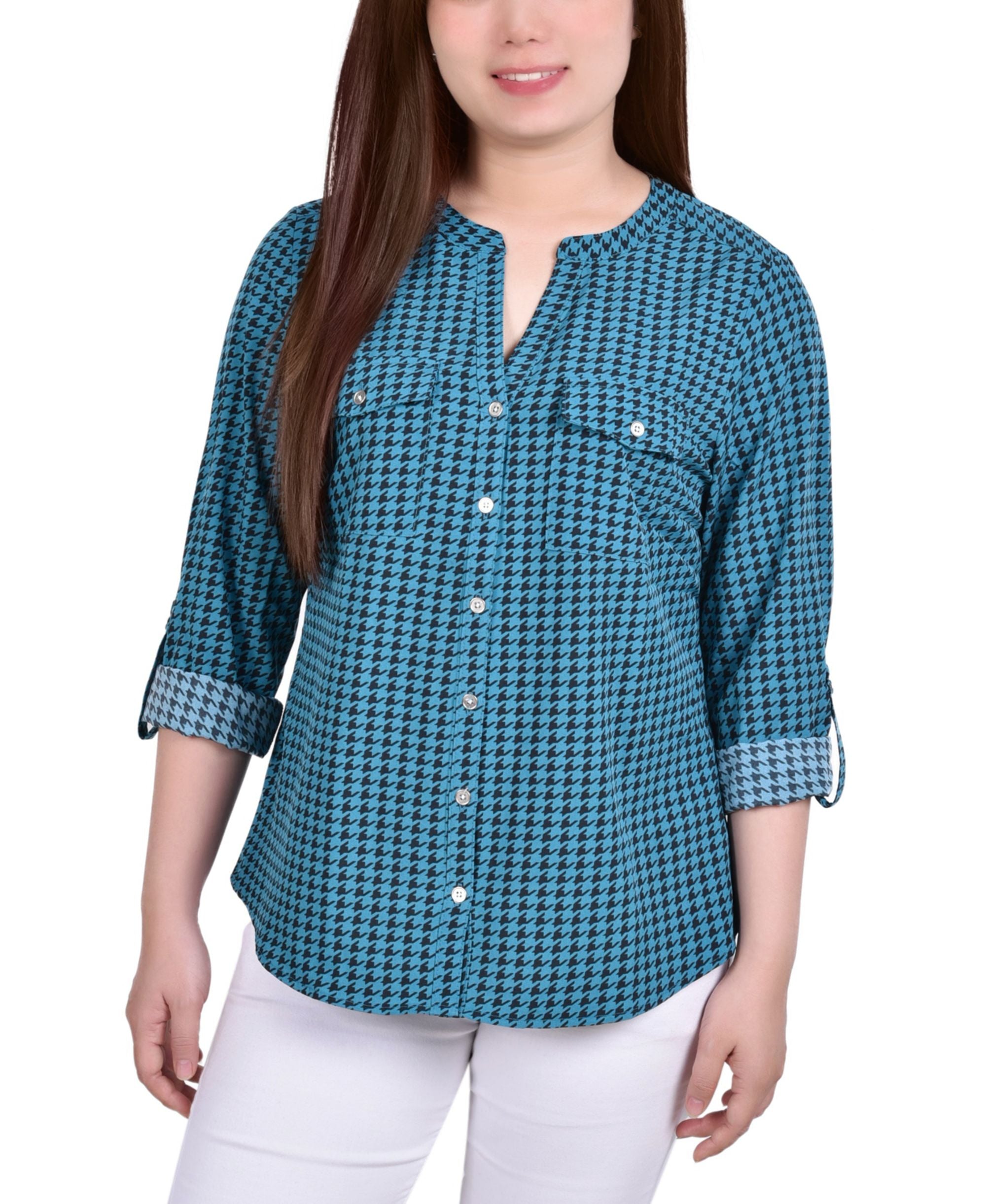 Petite 3/4 Sleeve Roll Tab Y Neck Blouse