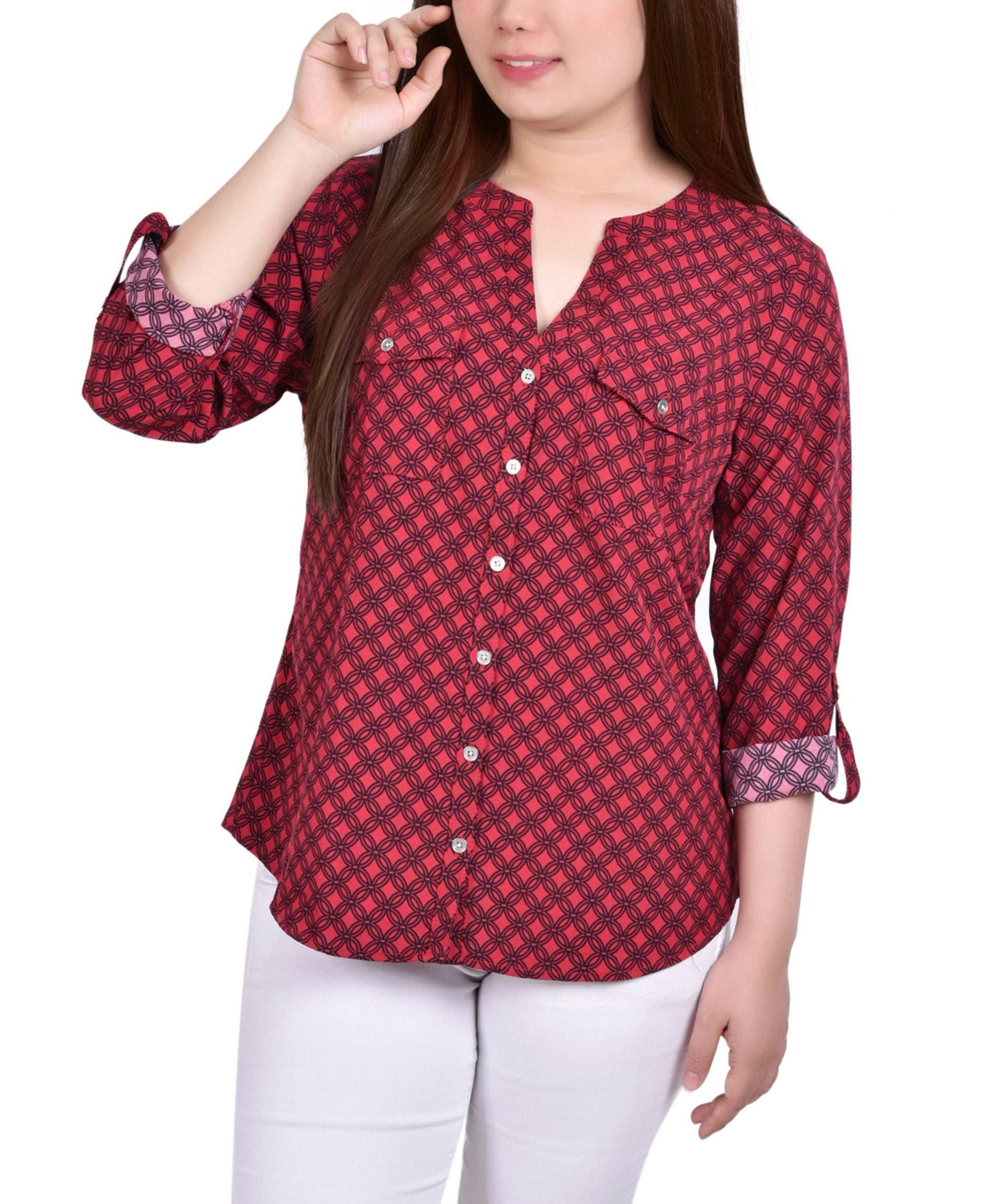 Petite 3/4 Sleeve Roll Tab Y Neck Blouse