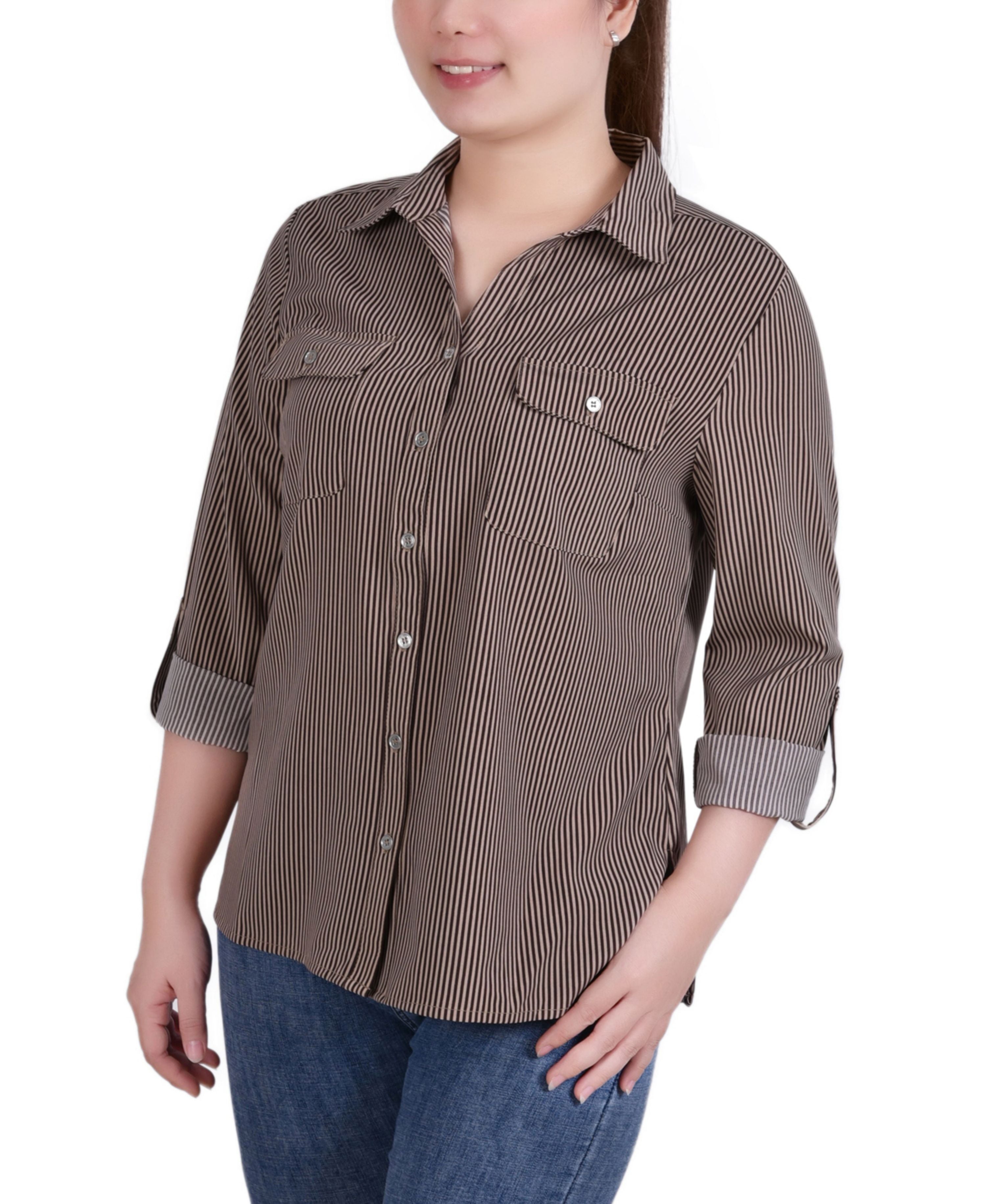 Petite 3/4 Sleeve Roll Tab Notch Collar Blouse