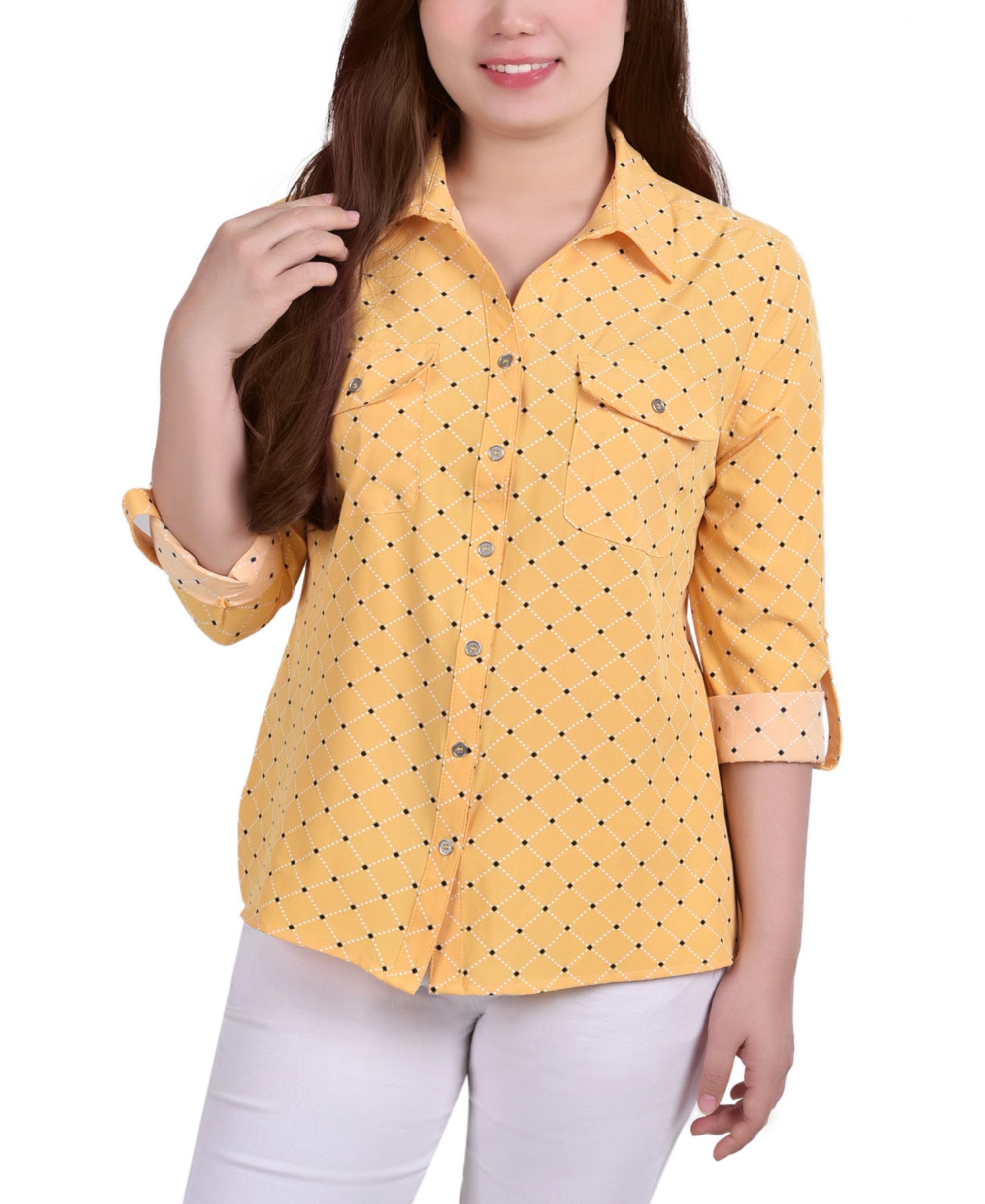 Petite 3/4 Sleeve Roll Tab Notch Collar Blouse