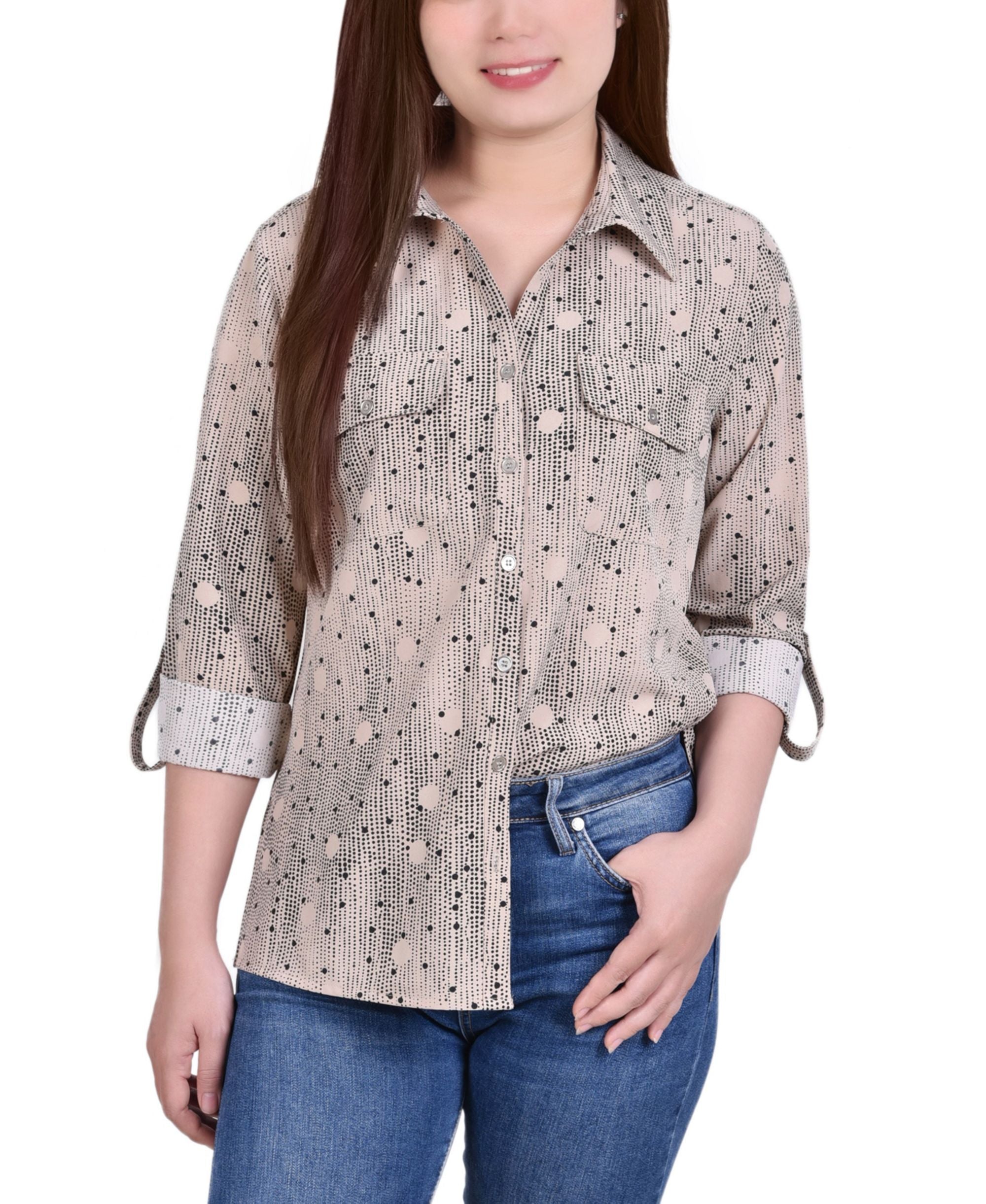 Petite 3/4 Sleeve Roll Tab Notch Collar Blouse