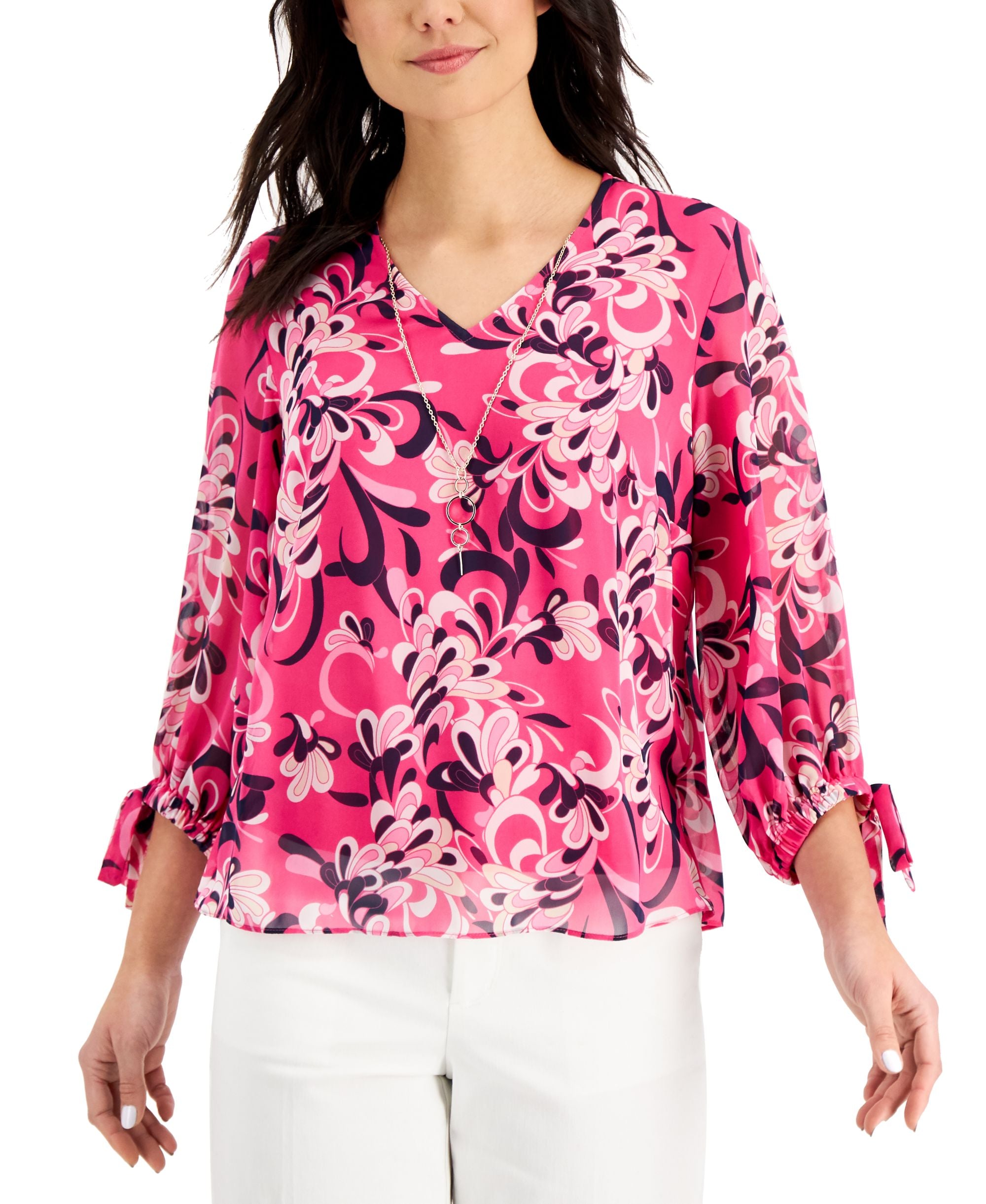 JM Collection Printed Tie Sleeve Necklace Top