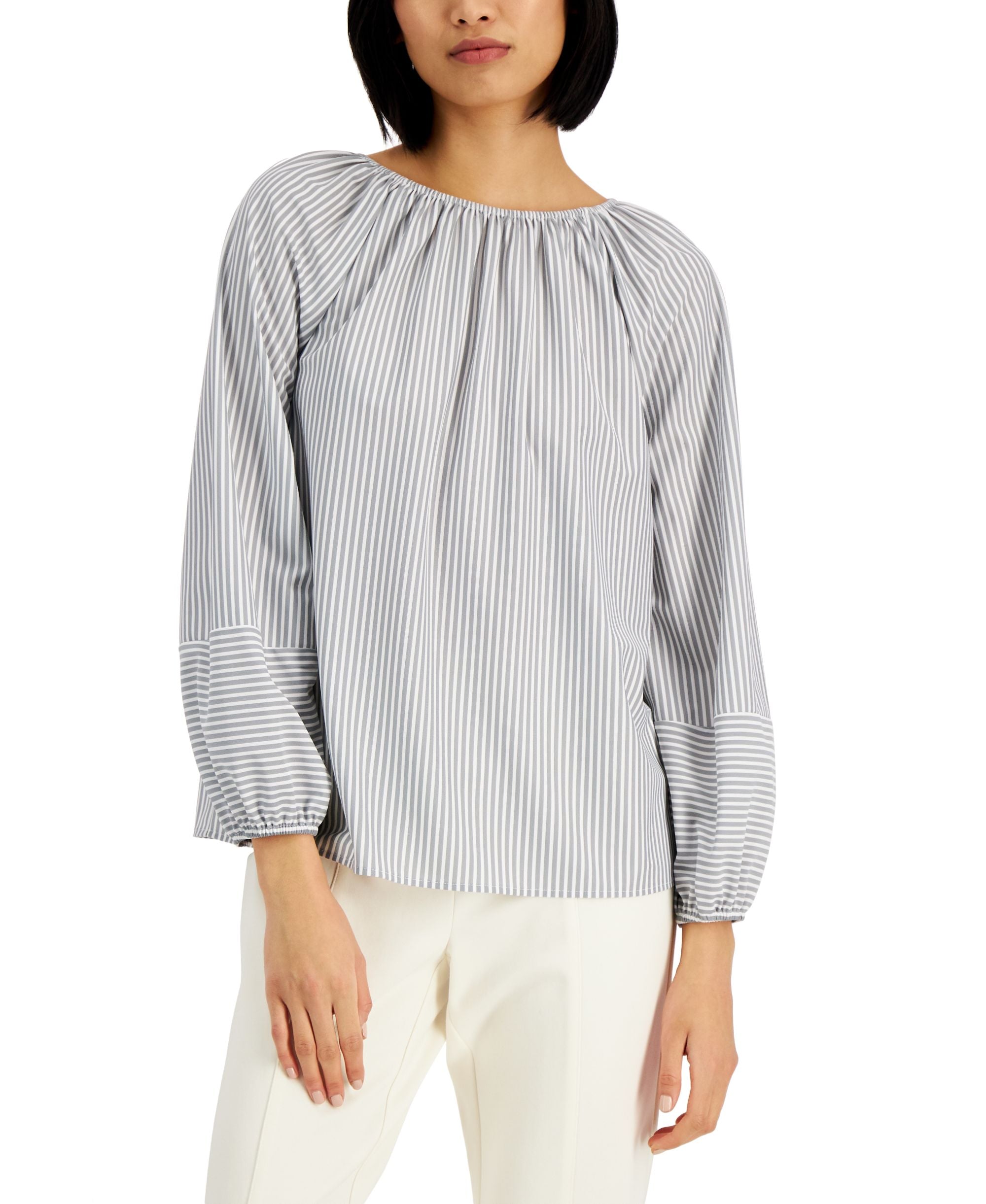 Alfani Striped Volume Sleeve Crewneck Top