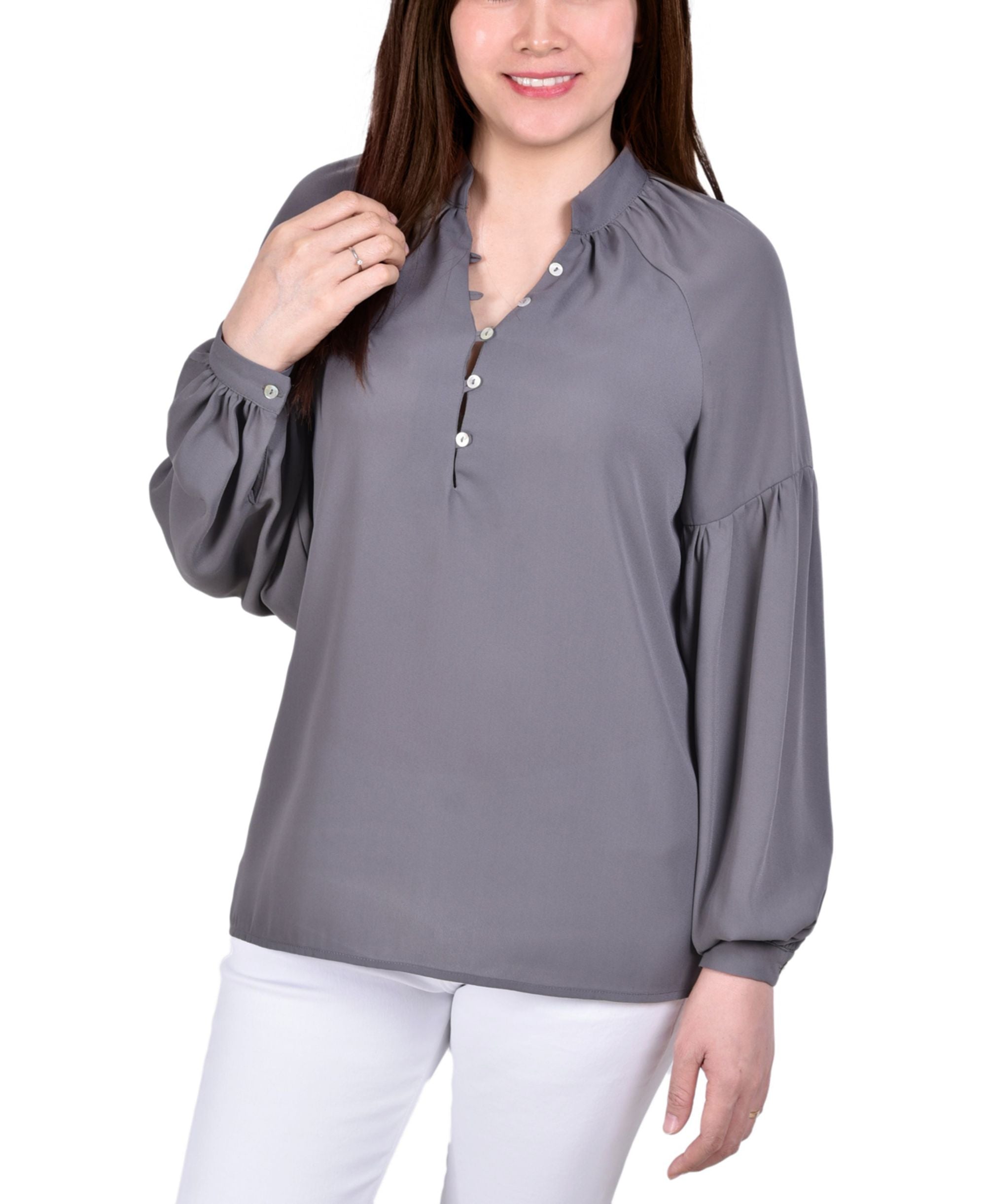 Petite Long Sleeve Mandarin Collar Blouse Top