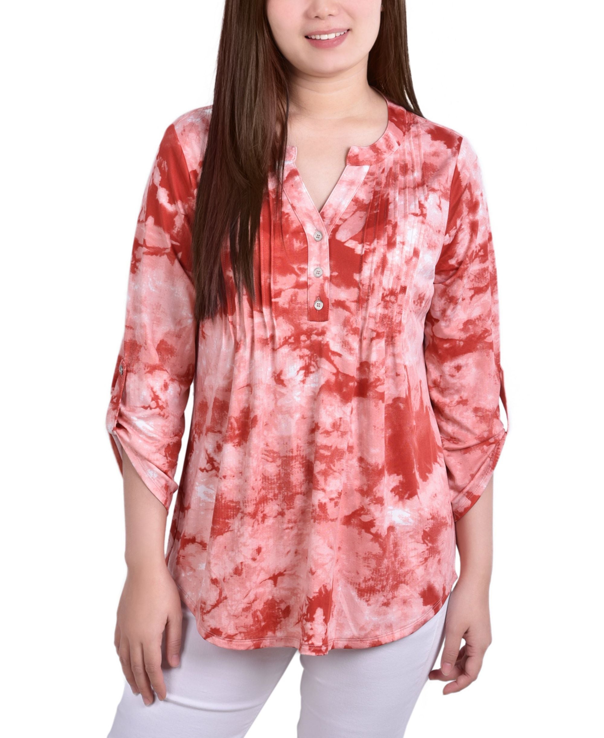 Petite Knit Jacquard 3/4 Sleeve Roll Tab Top