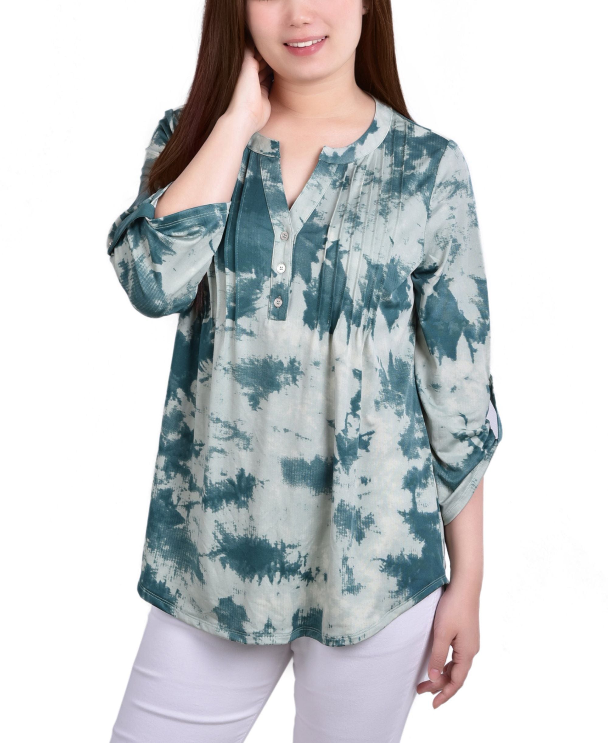 Petite Knit Jacquard 3/4 Sleeve Roll Tab Top