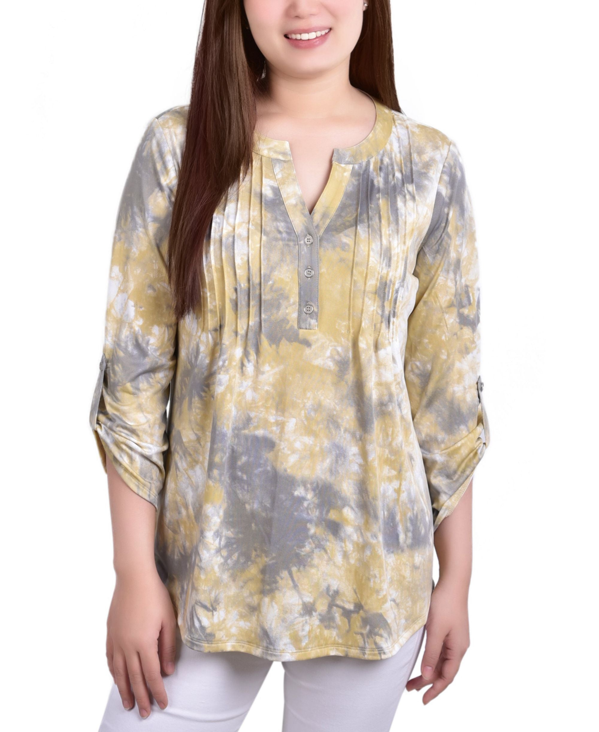 Petite Knit Jacquard 3/4 Sleeve Roll Tab Top