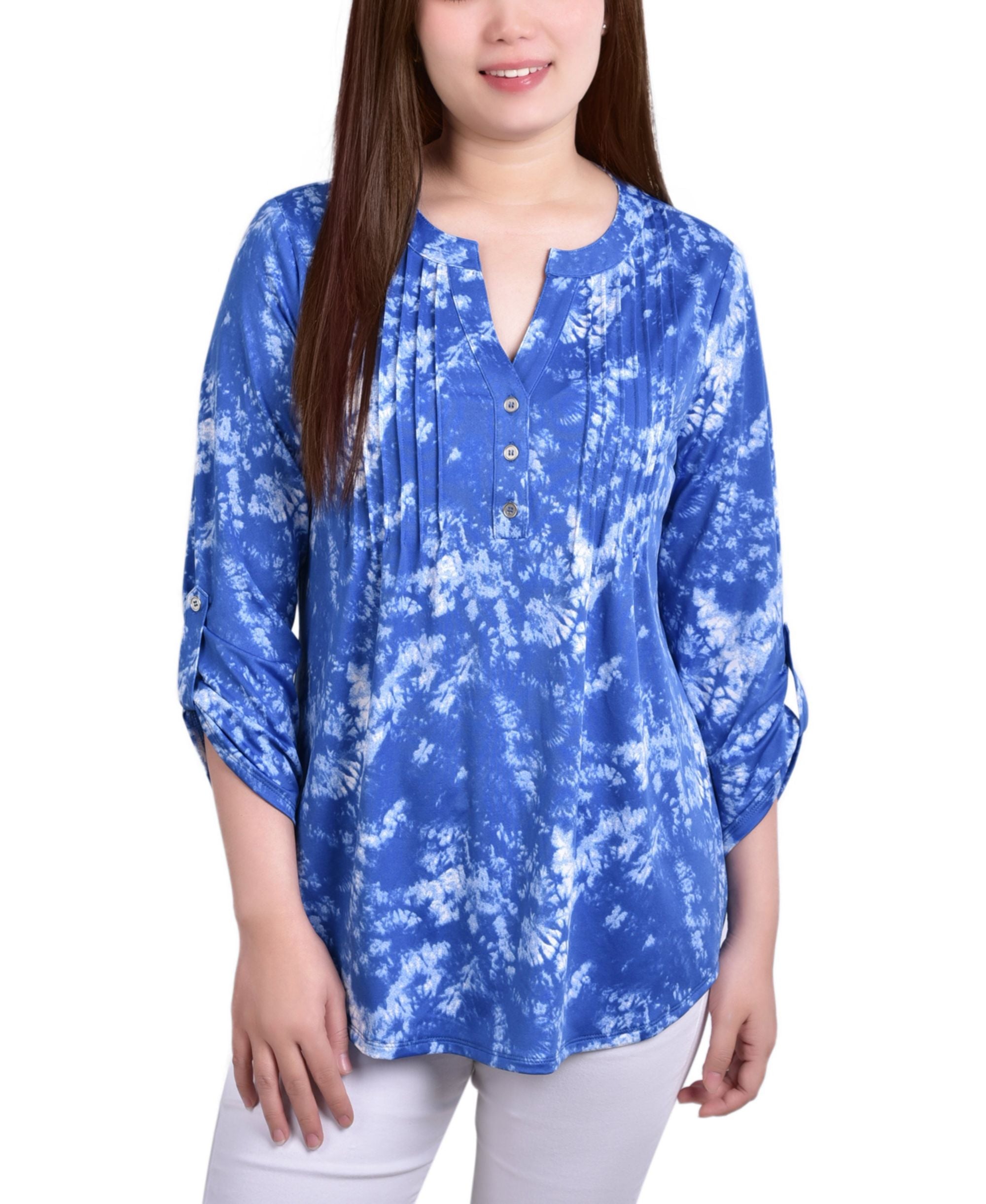 Petite Knit Jacquard 3/4 Sleeve Roll Tab Top