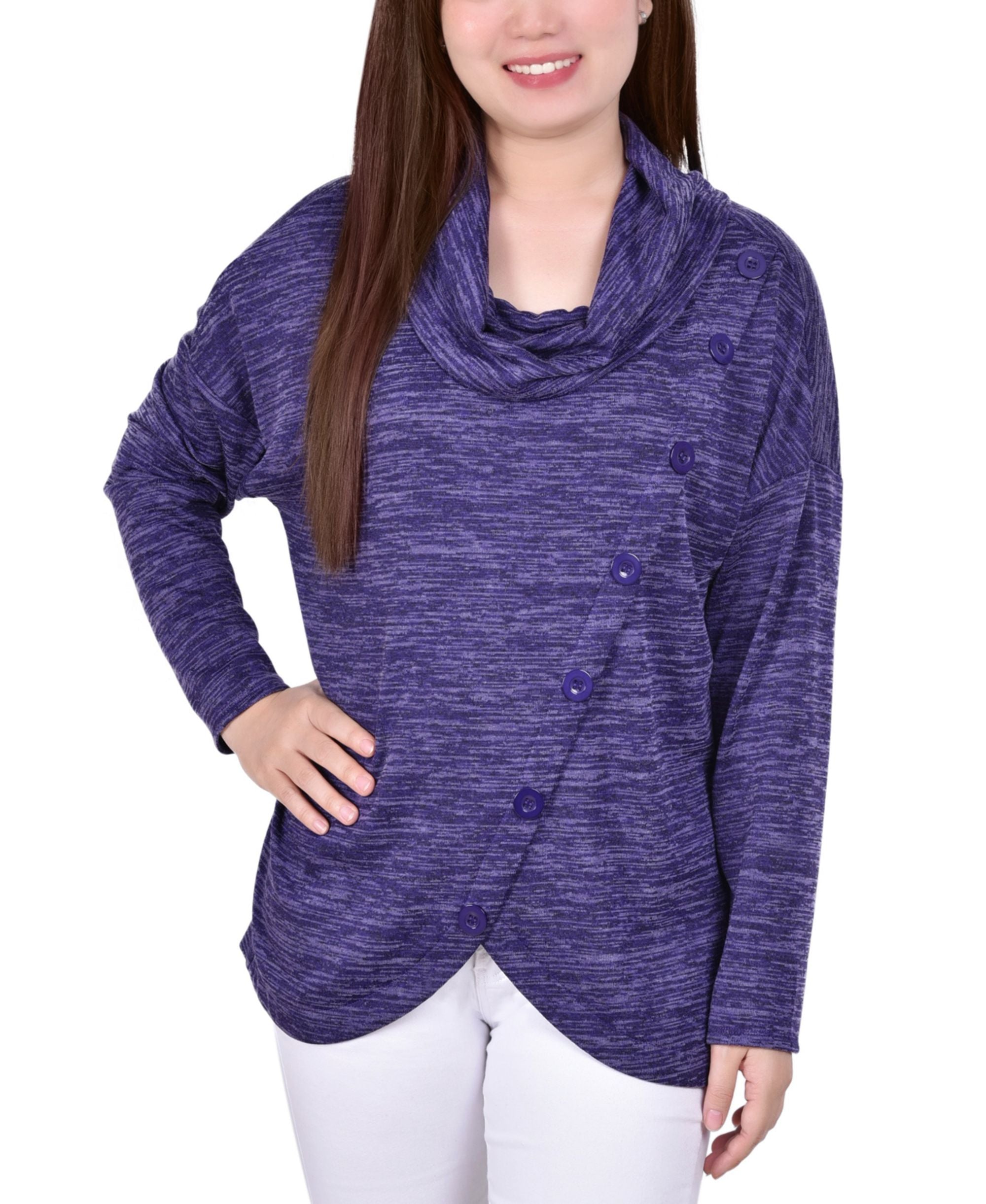 Petite Long Sleeve Cowl Neck Pullover With Buttons Top