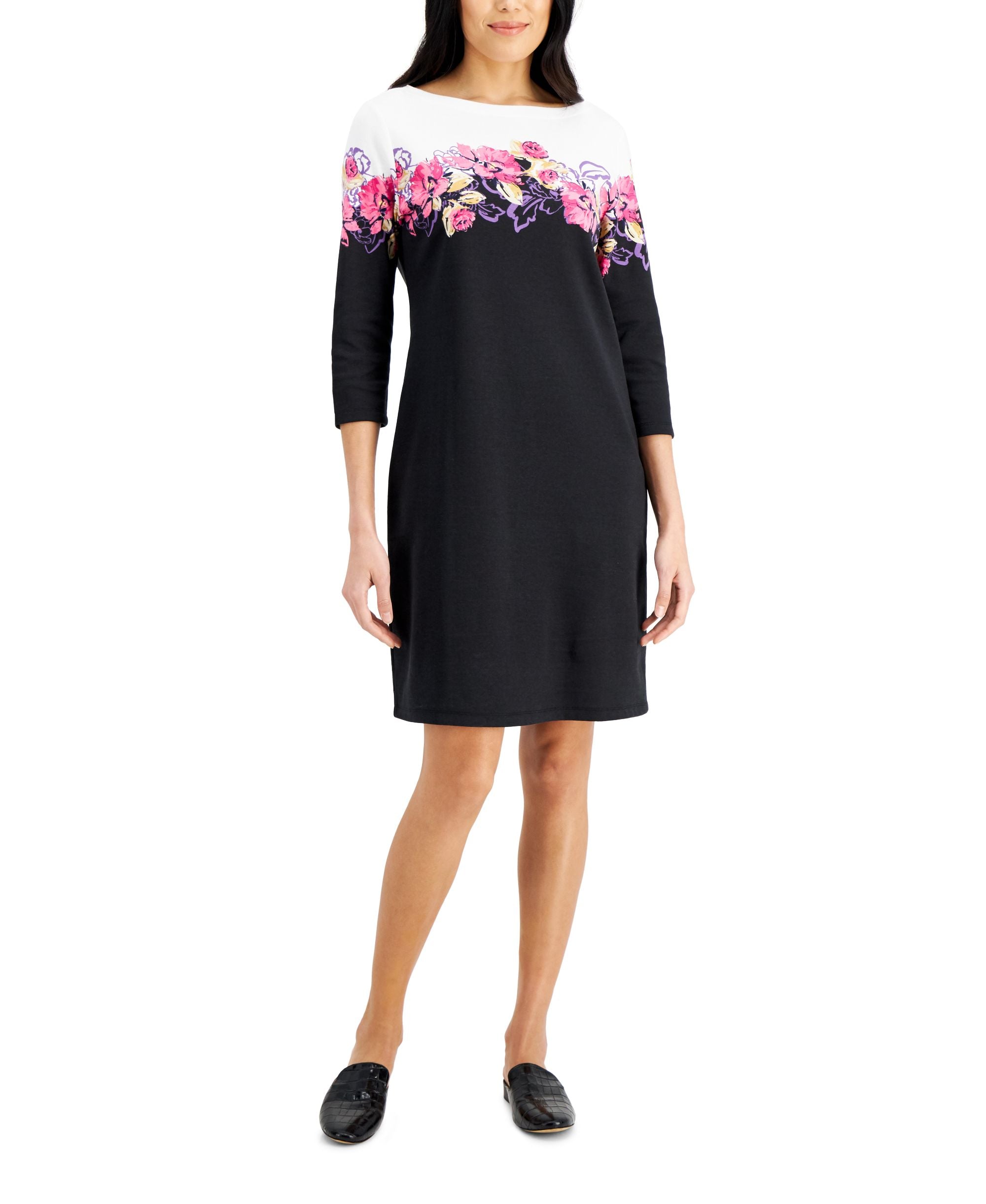Karen Scott Valerie 3/4 Sleeve Floral Boatneck Dress
