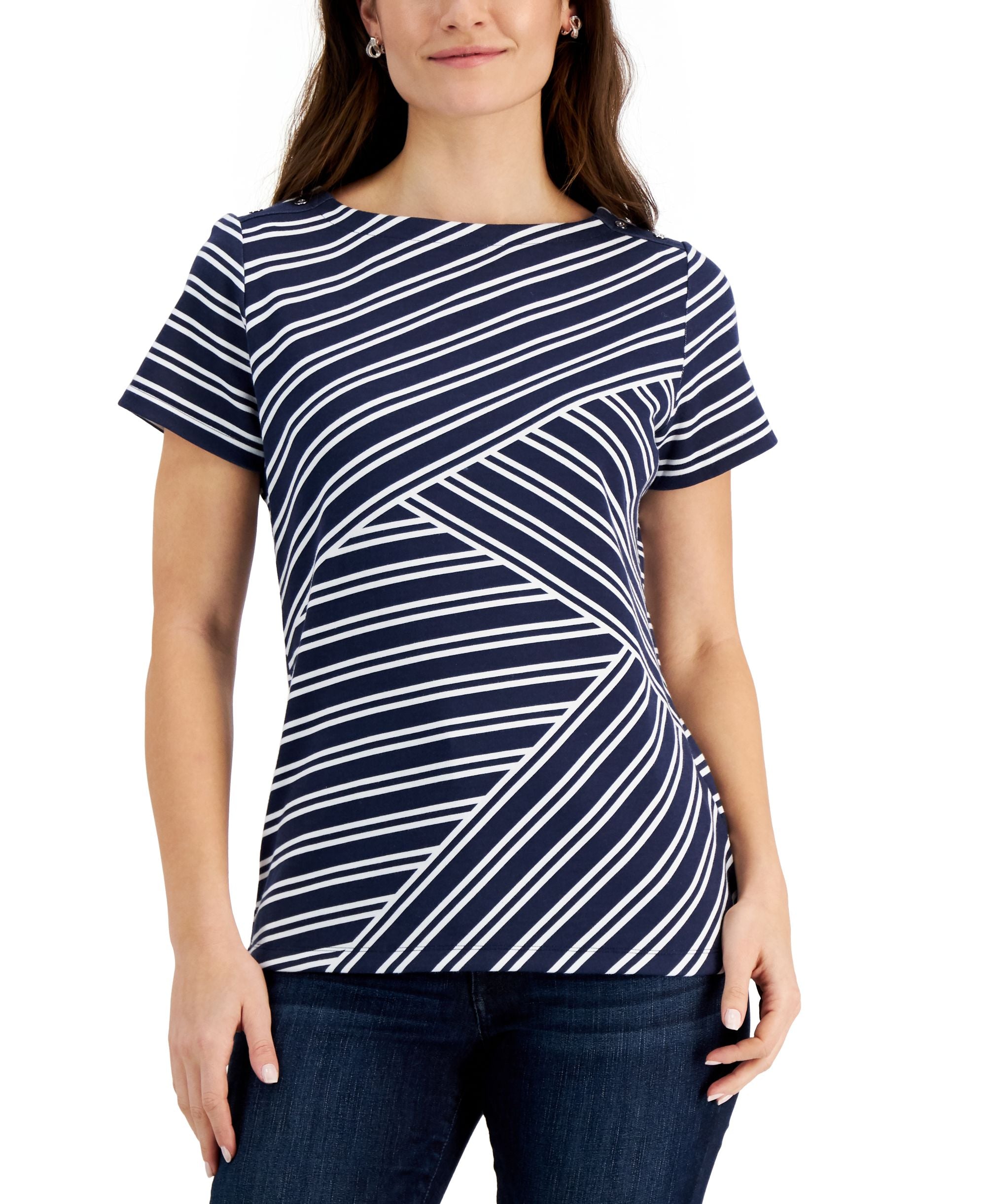 Karen Scott Asymmetrical Striped Boat Neck Top