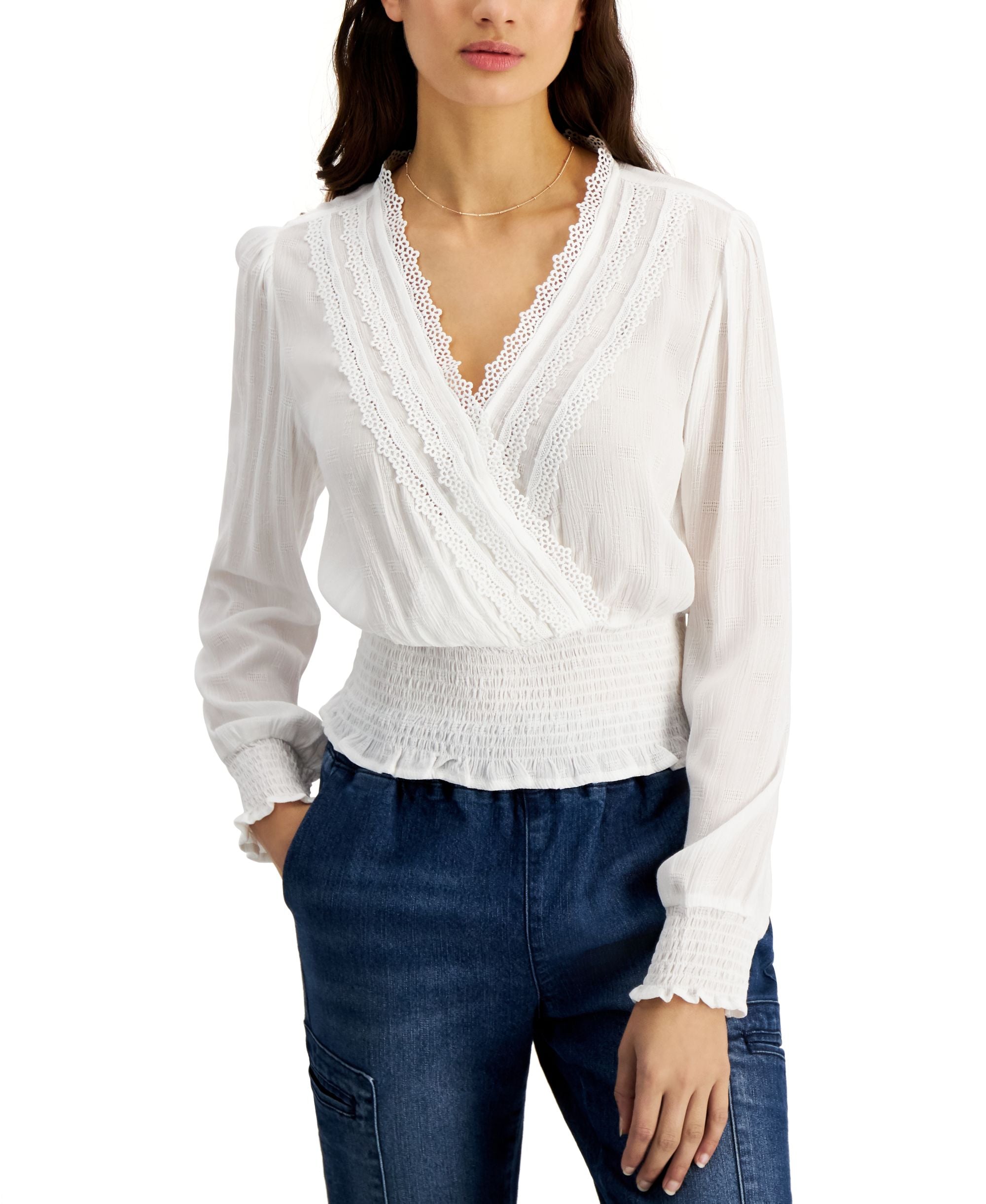 Juniors' Smocked Lace-Trim Top