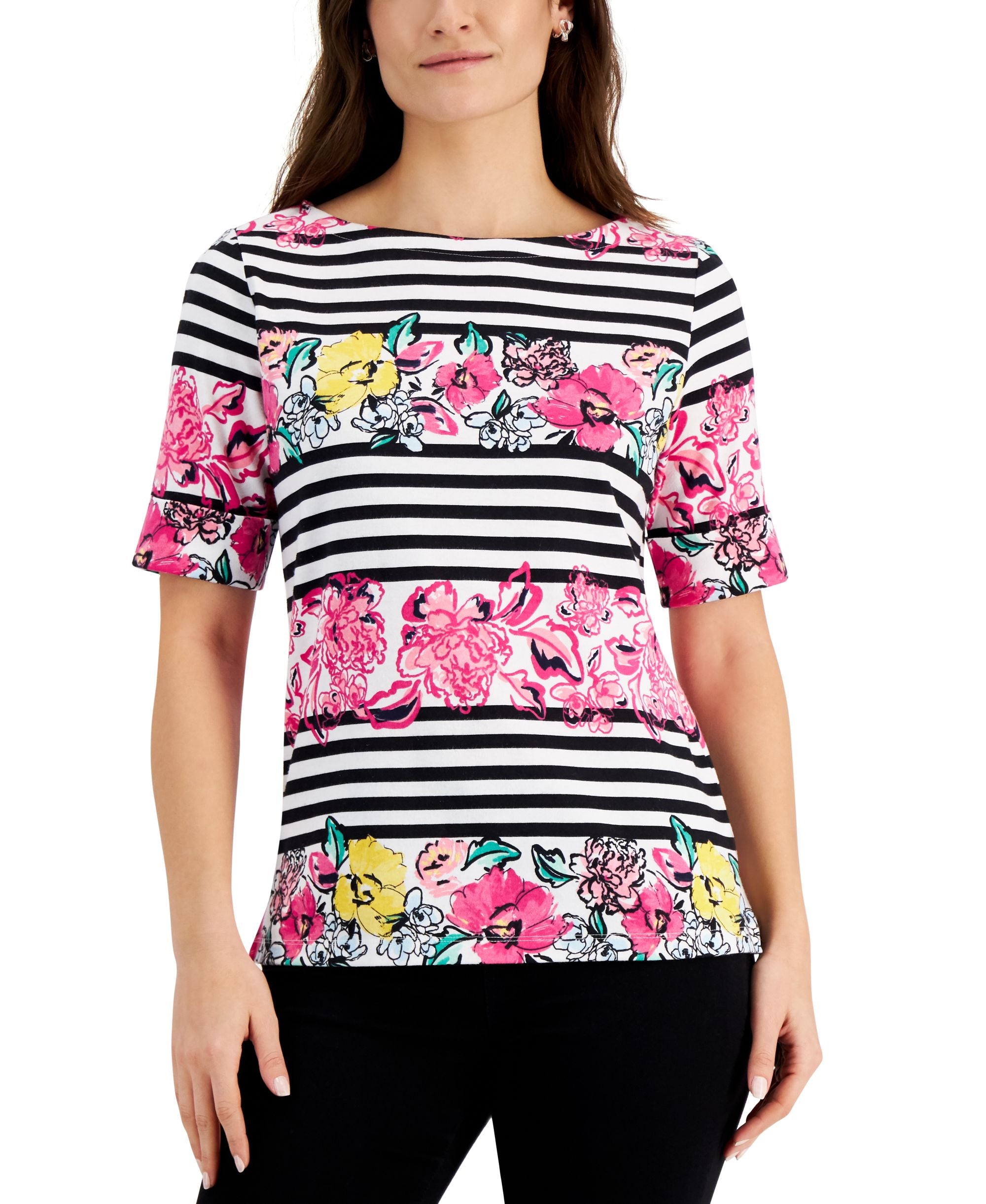 Karen Scott Petite Striped Floral Print Top