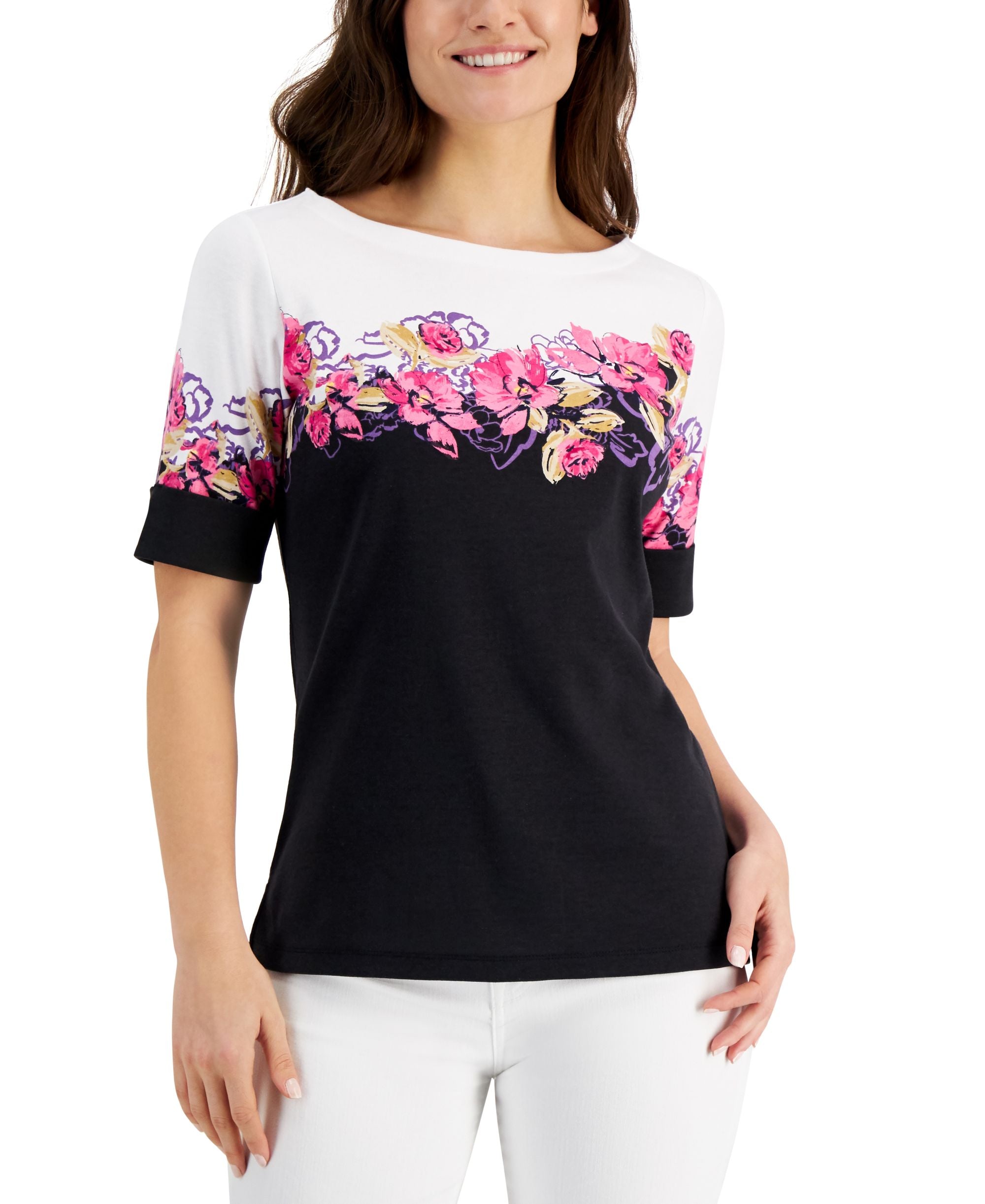 Karen Scott Valerie Floral Print Boat Neck Top