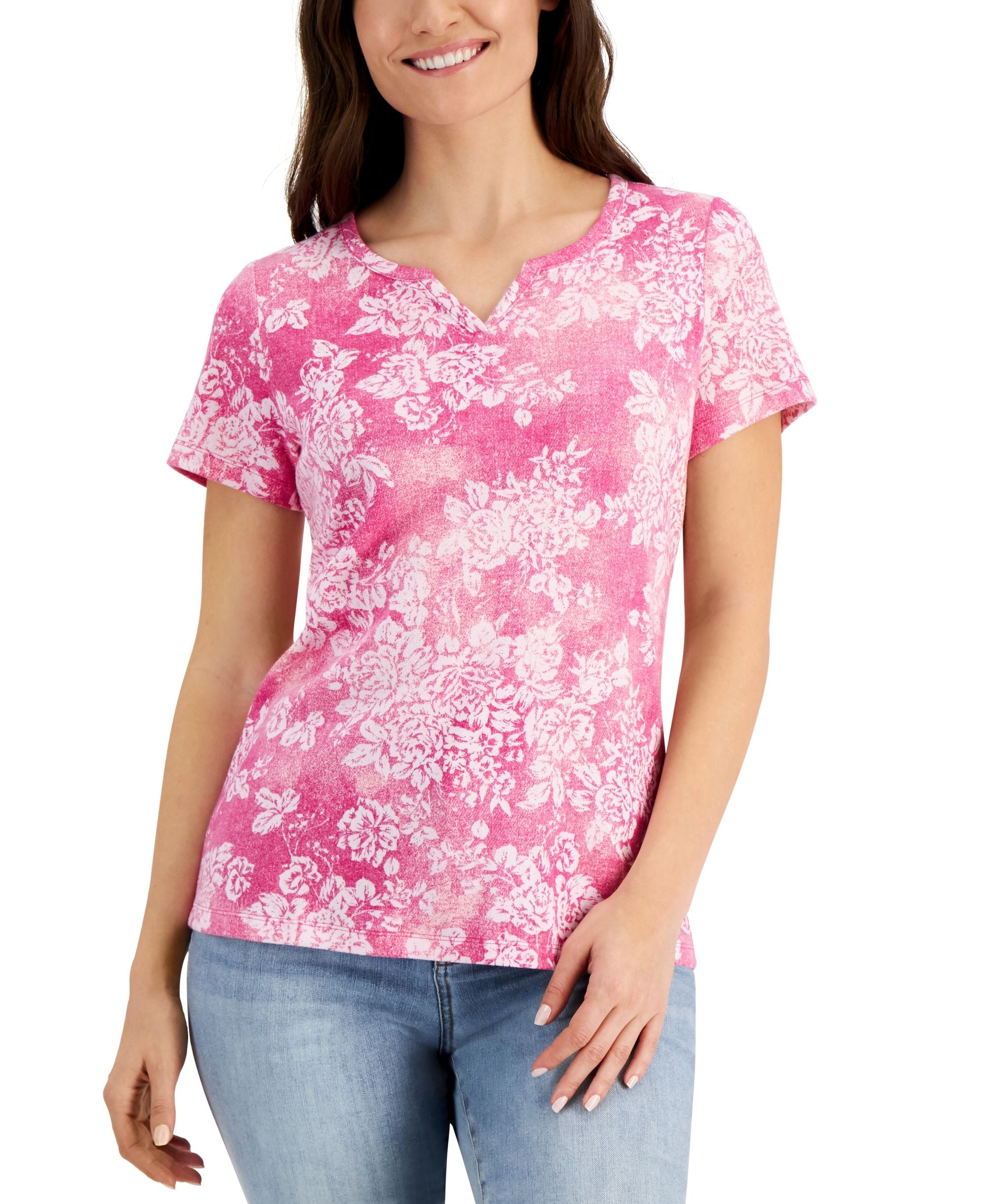 Karen Scott Denim Mask Split Neck Top