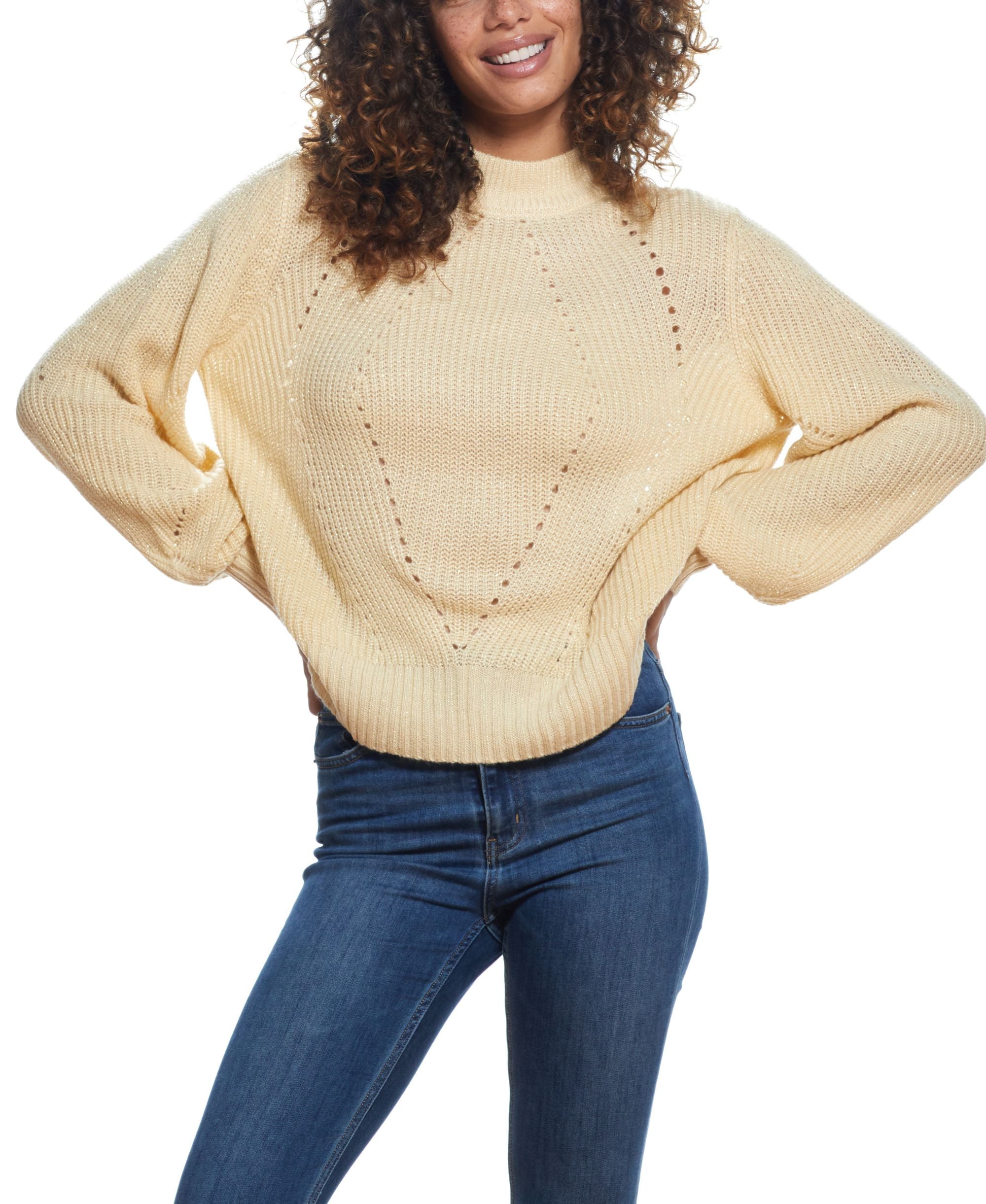 Womens Sparkly Open Back Balloon Sleeves Mock Neck Sweater