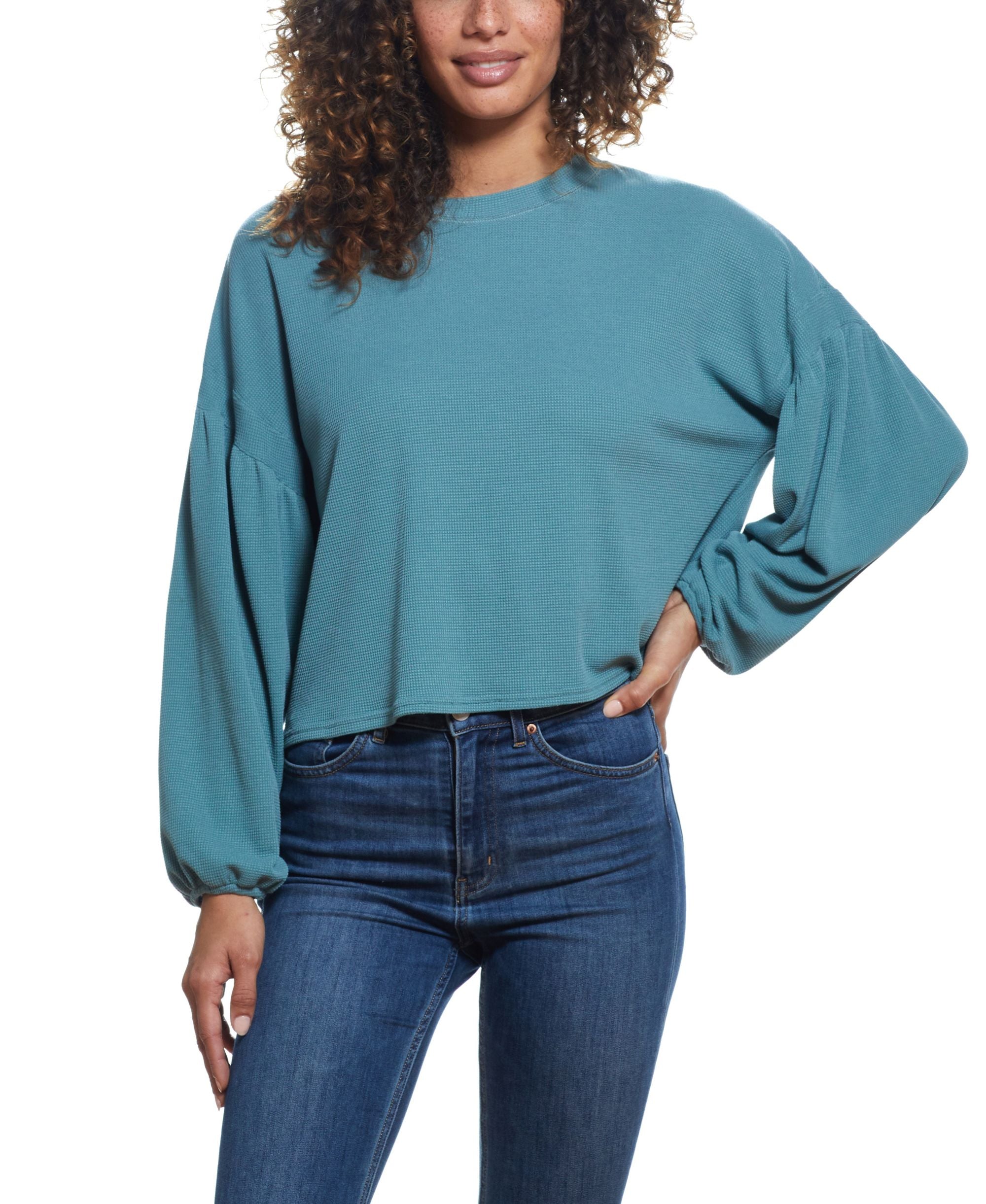 Womens Drop Shoulder Balloon Sleeve Waffle Crew Neck Top