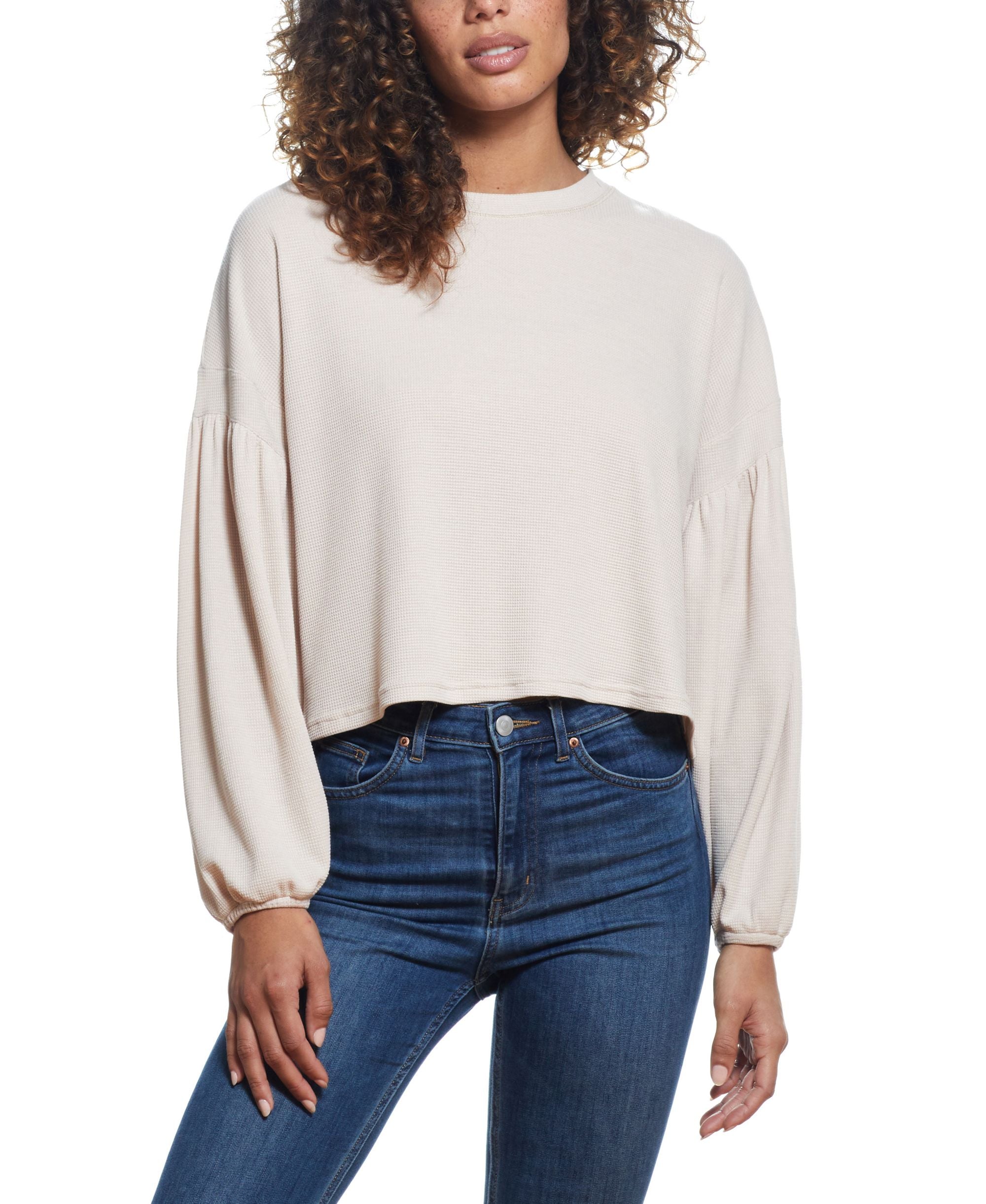 Womens Drop Shoulder Balloon Sleeve Waffle Crew Neck Top