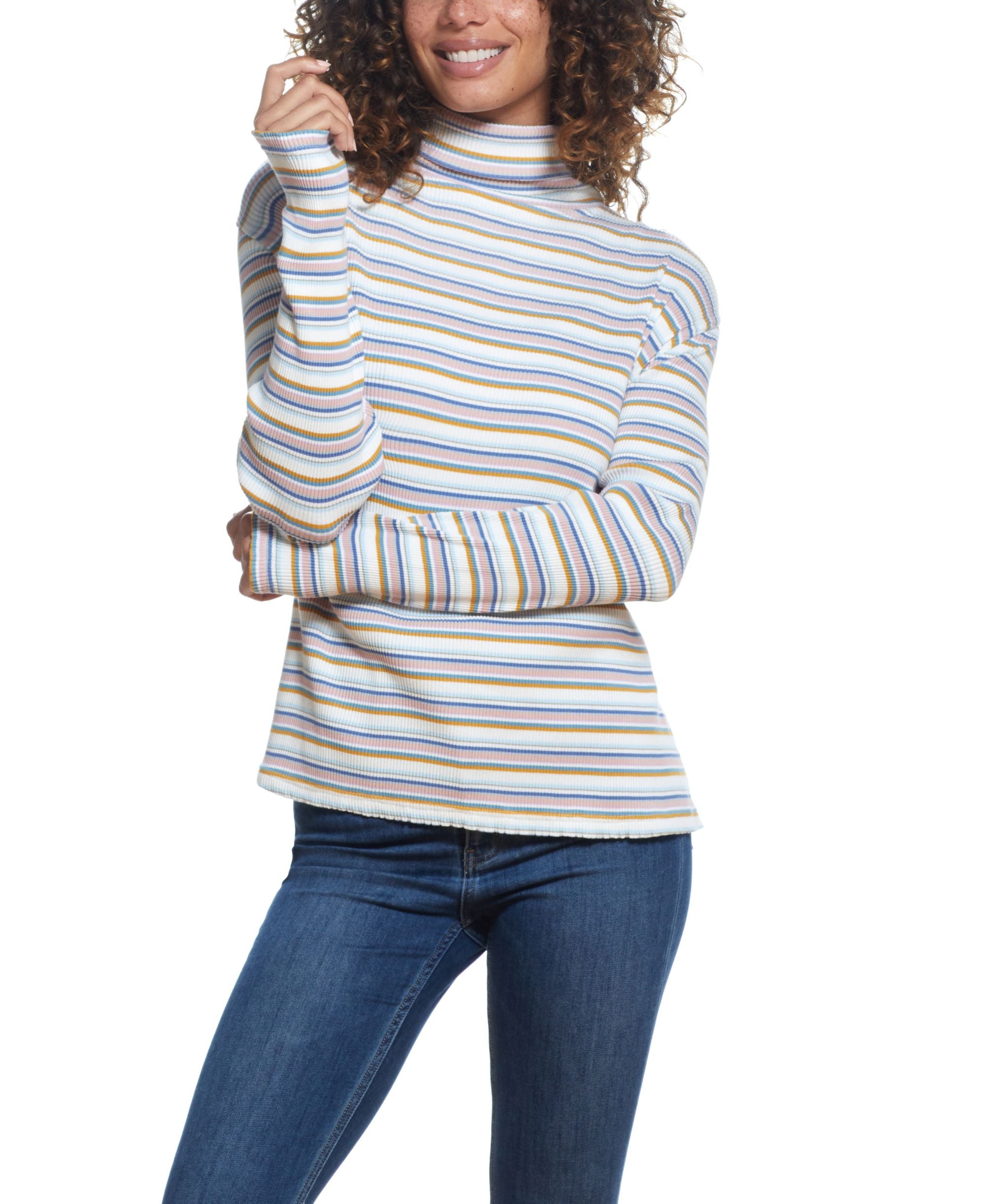 Womens Yarn Dye Stripe Rib Turtle Neck Top
