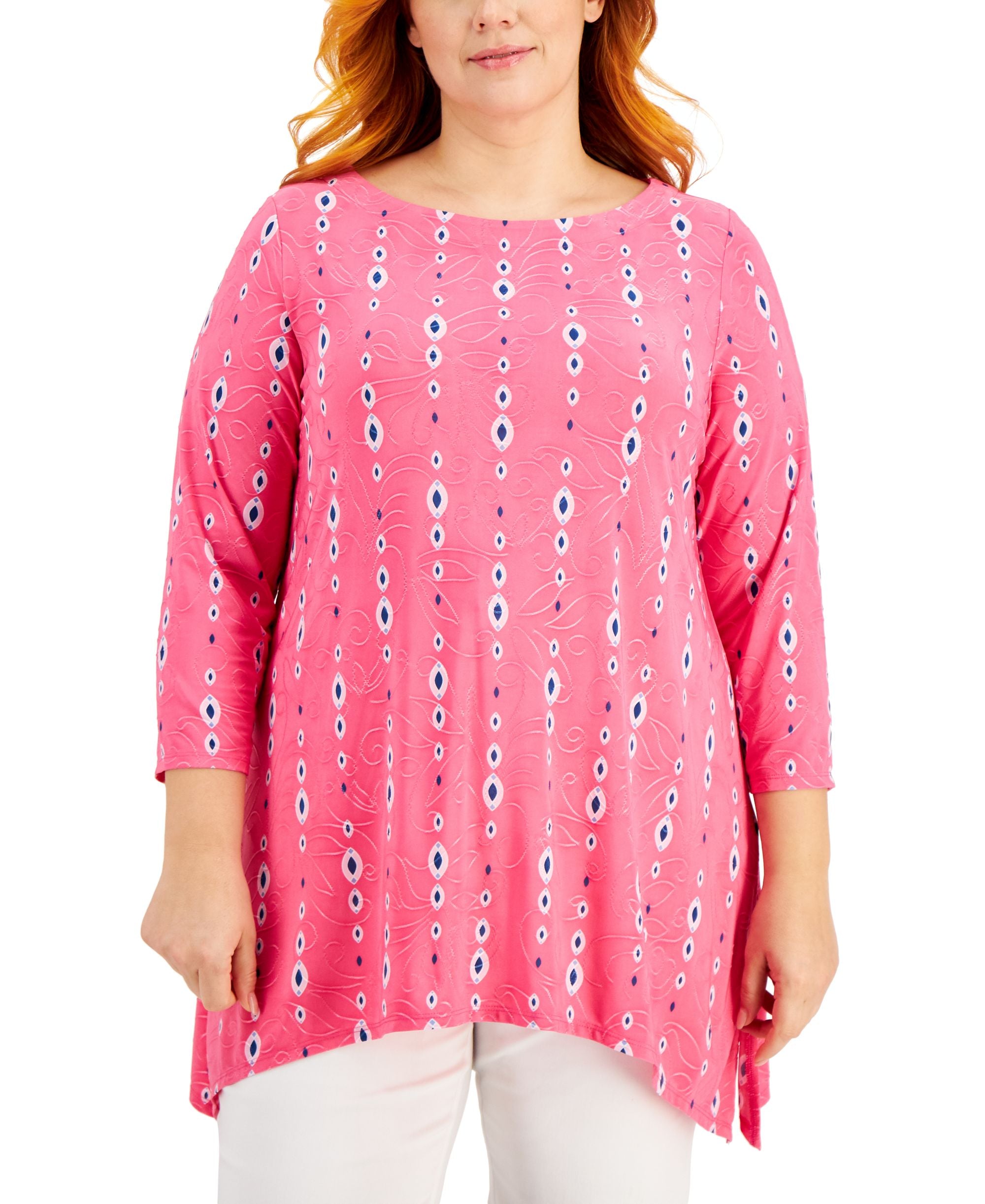 JM Collection Plus Size Printed Jacquard Handkerchief Hem Top