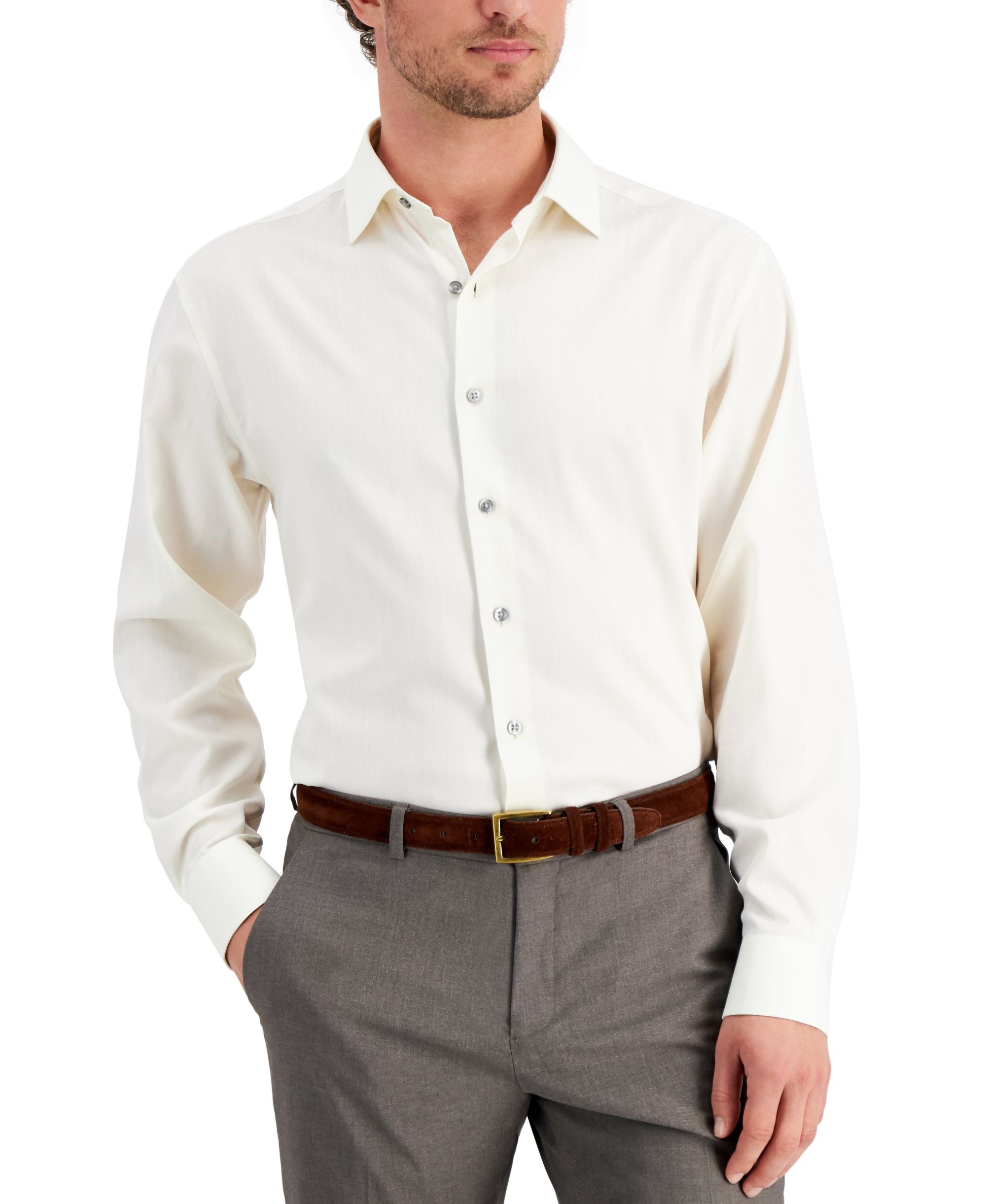 Alfani Mens Regular Fit 2 Way Stretch Herringbone Dress Shirt