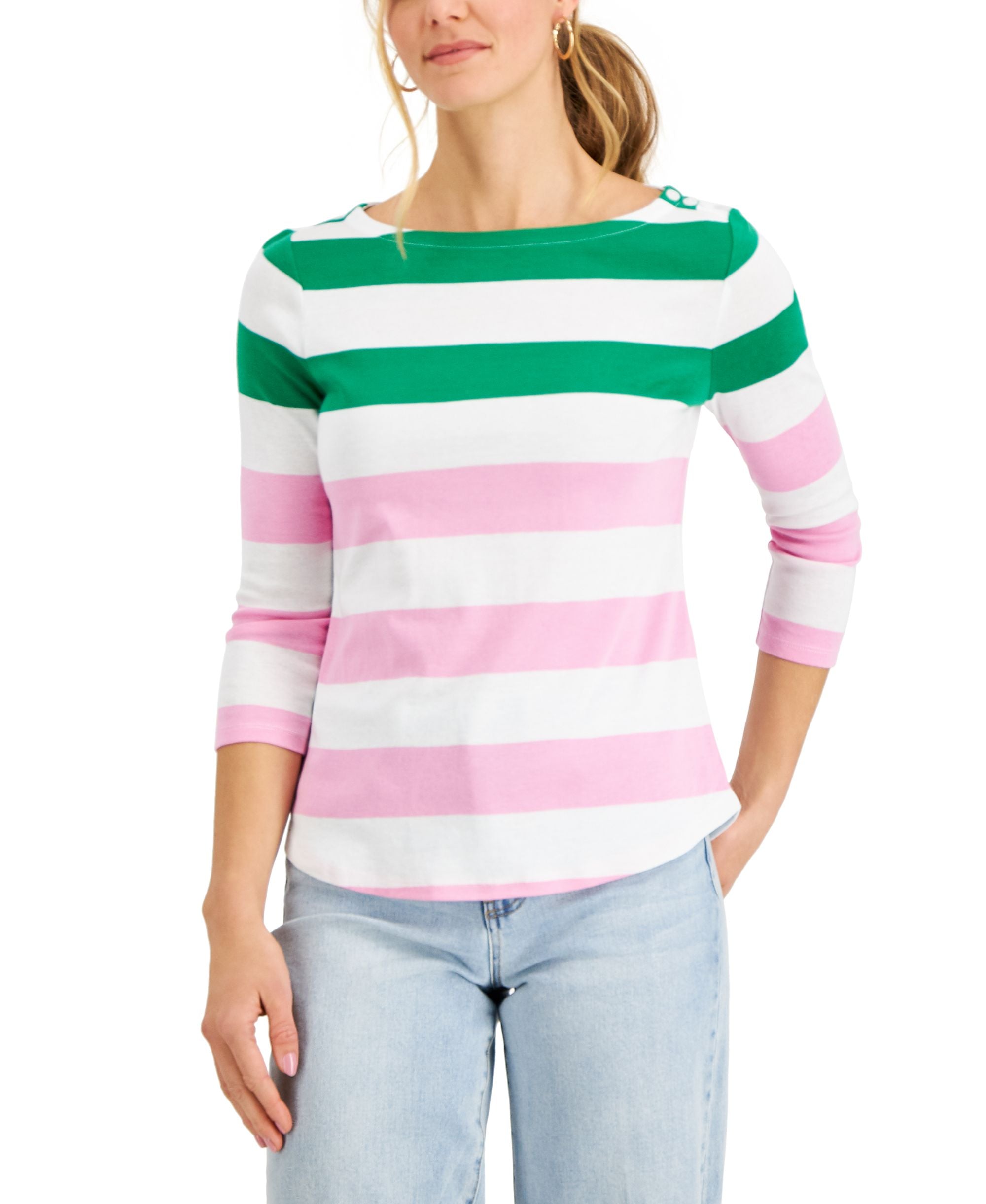Charter Club Womens Striped Boat Neck 3/4 Sleeve Top