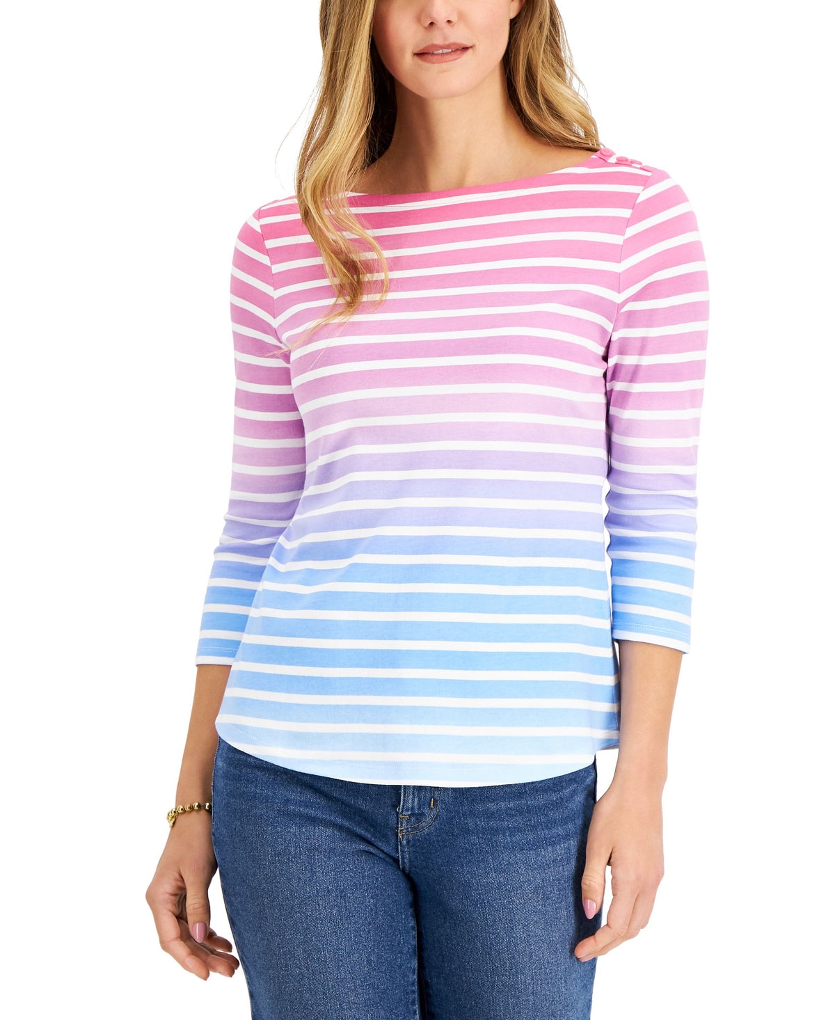 Charter Club Petite Printed Cotton 3/4 Sleeve Top
