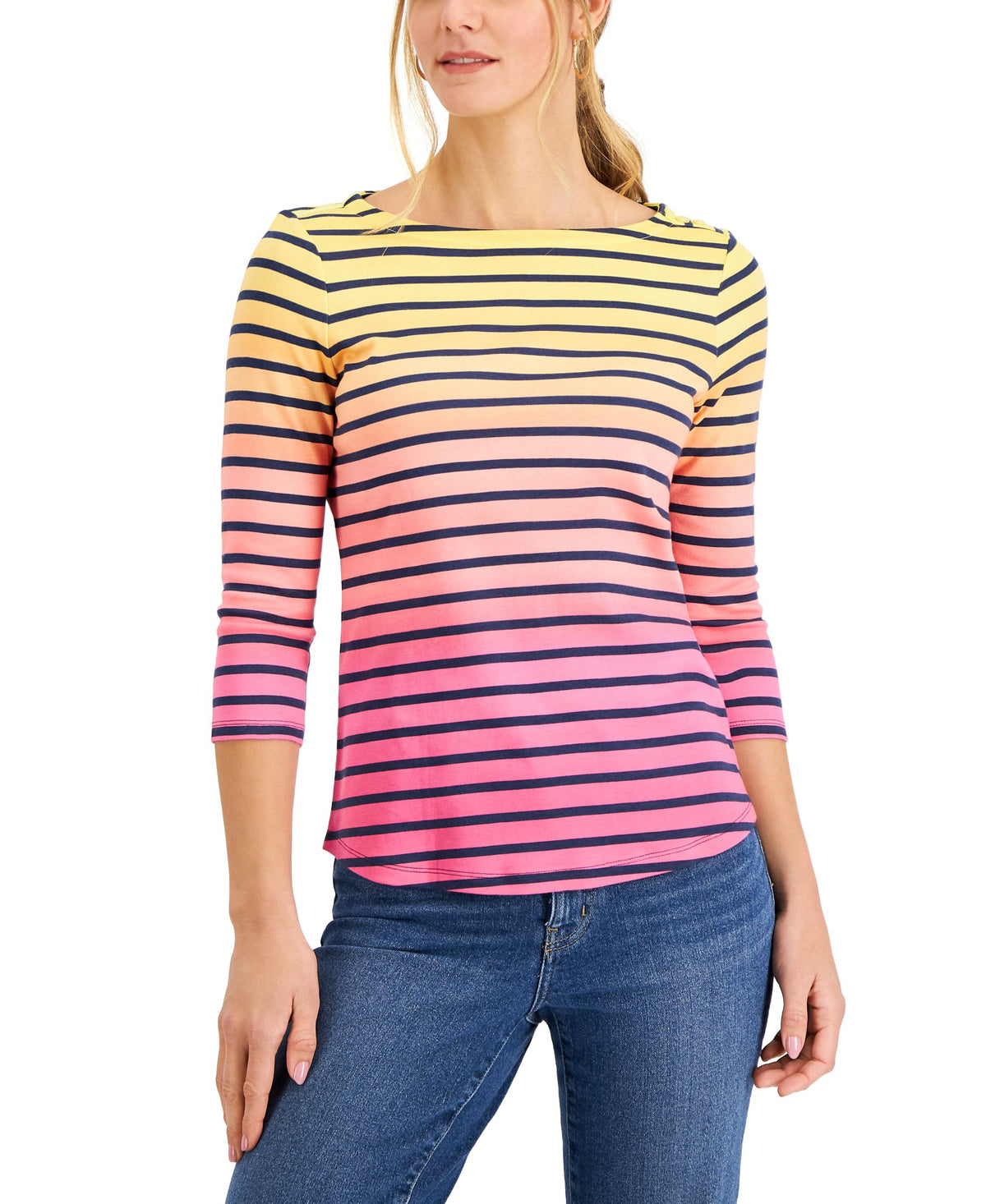 Charter Club Petite Printed Cotton 3/4 Sleeve Top