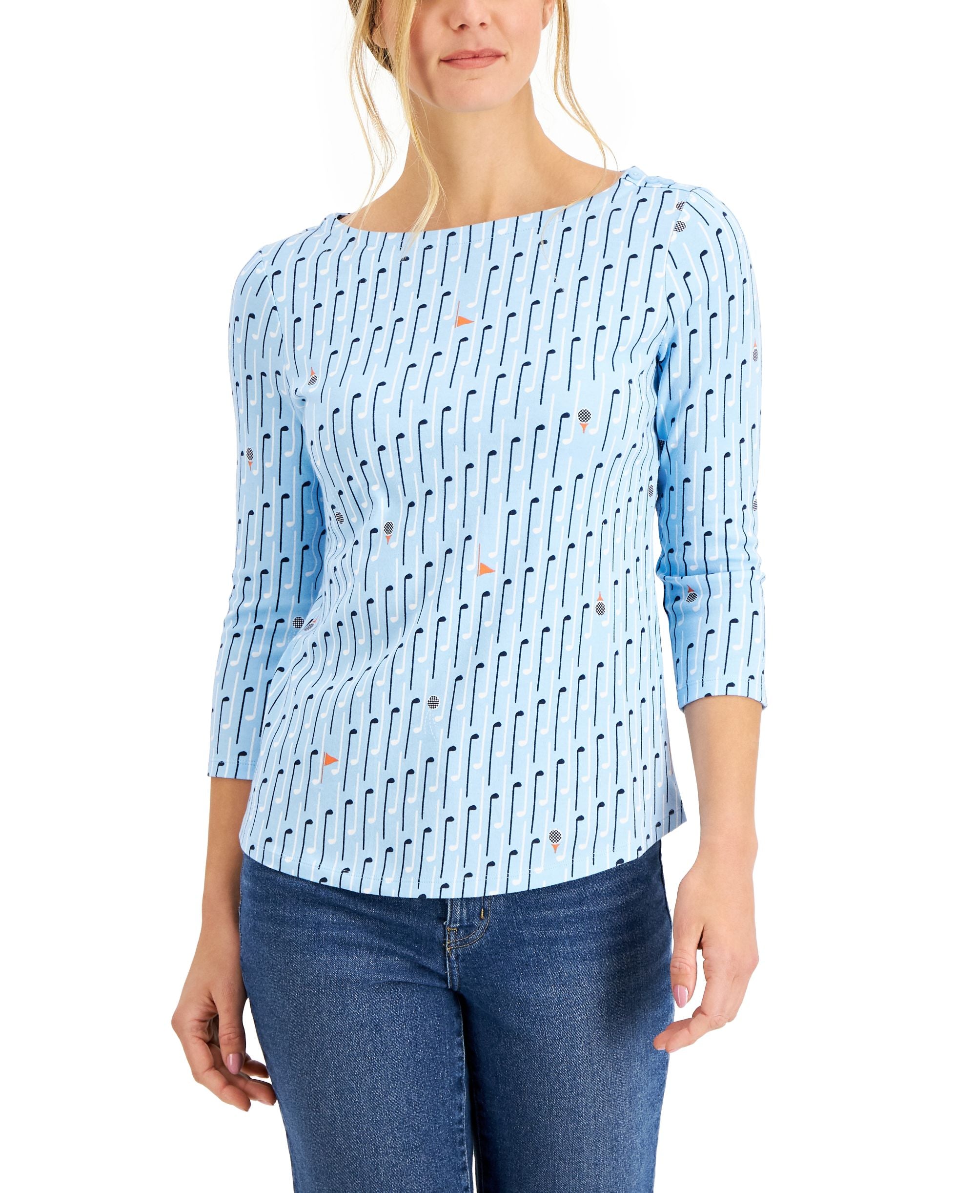 Charter Club Pima Cotton Golf Print Boat Neck Top