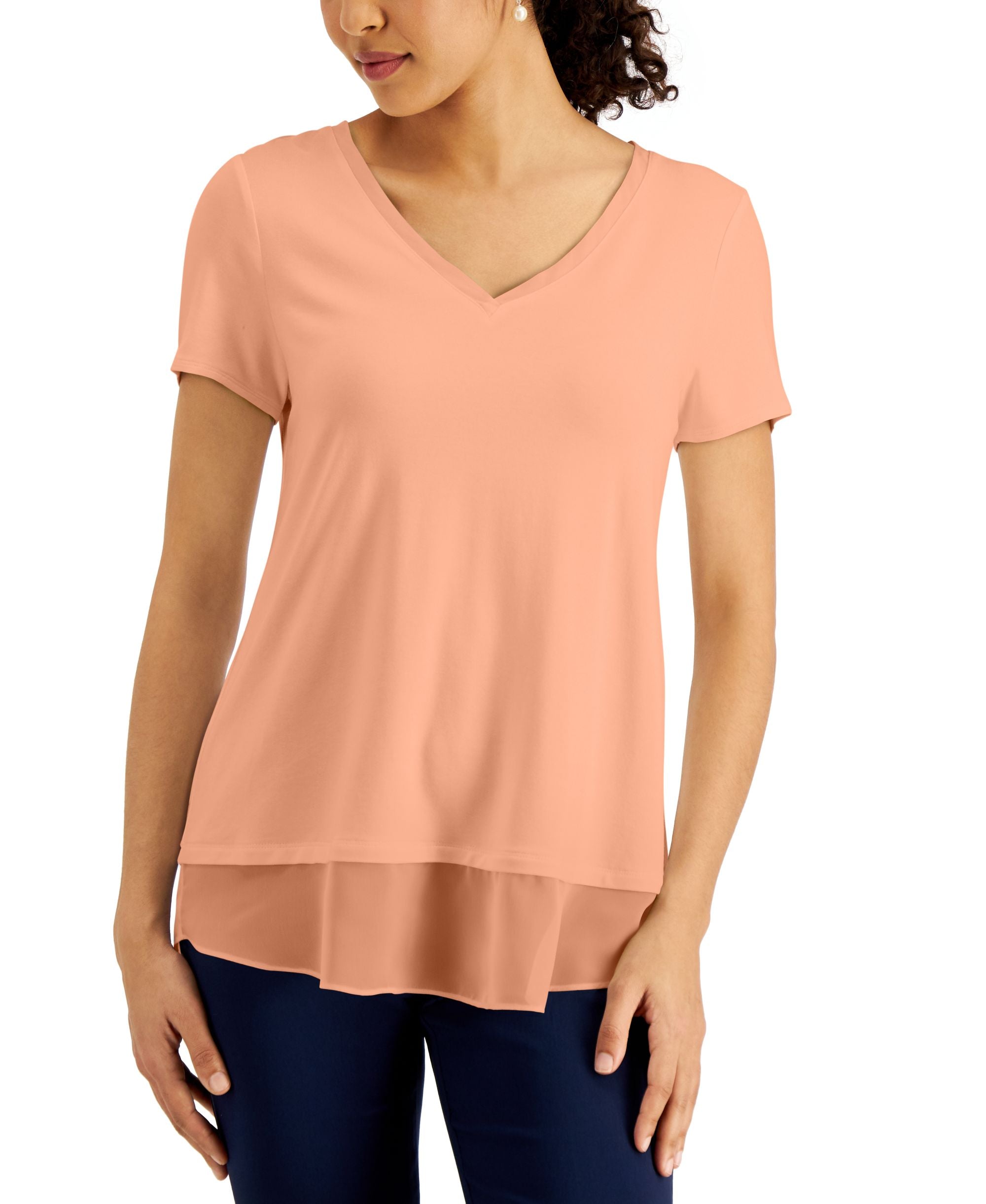 JM Collection V Neck Sheer Hem Top