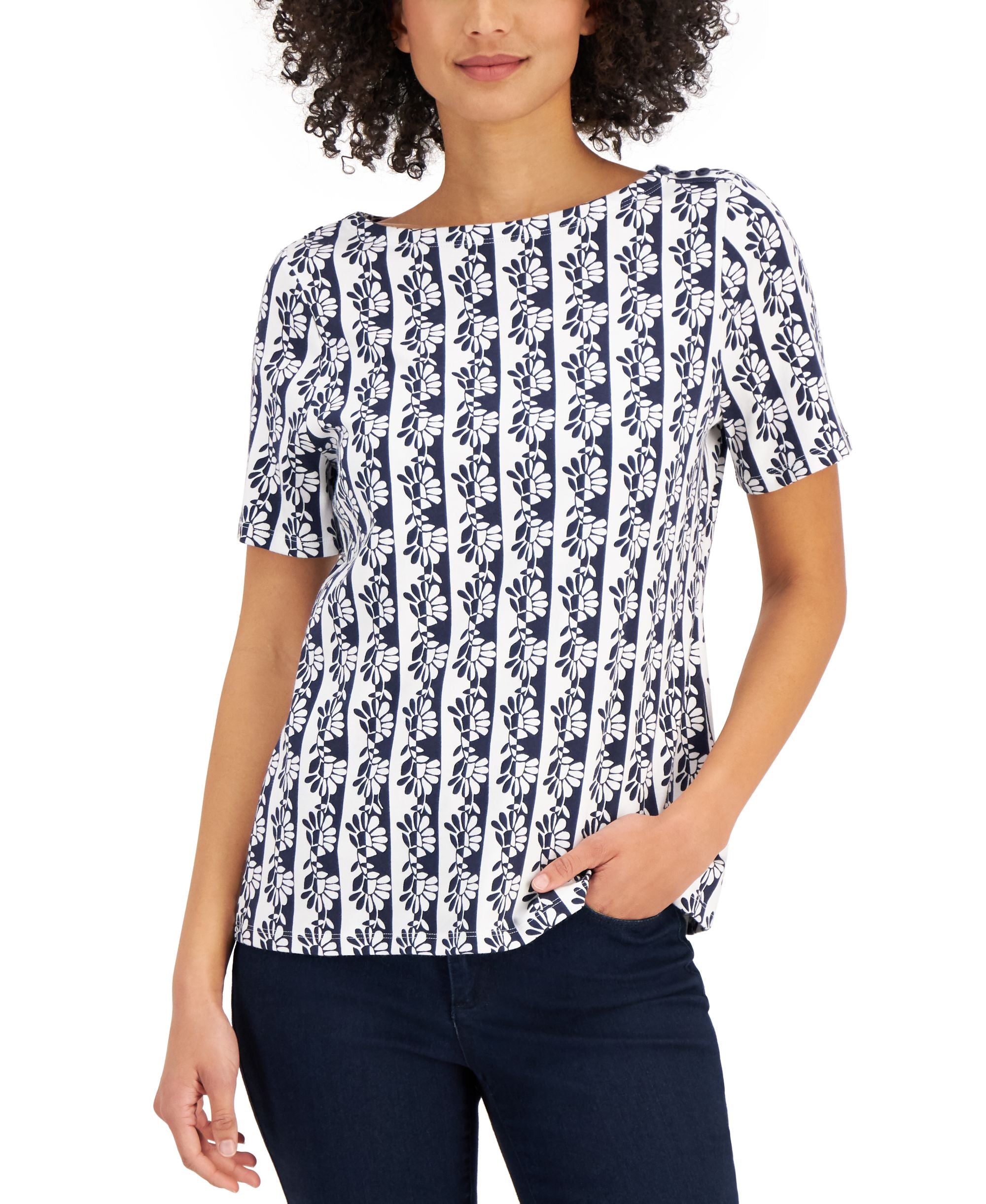 Charter Club Cotton Printed Boat-Neck Top