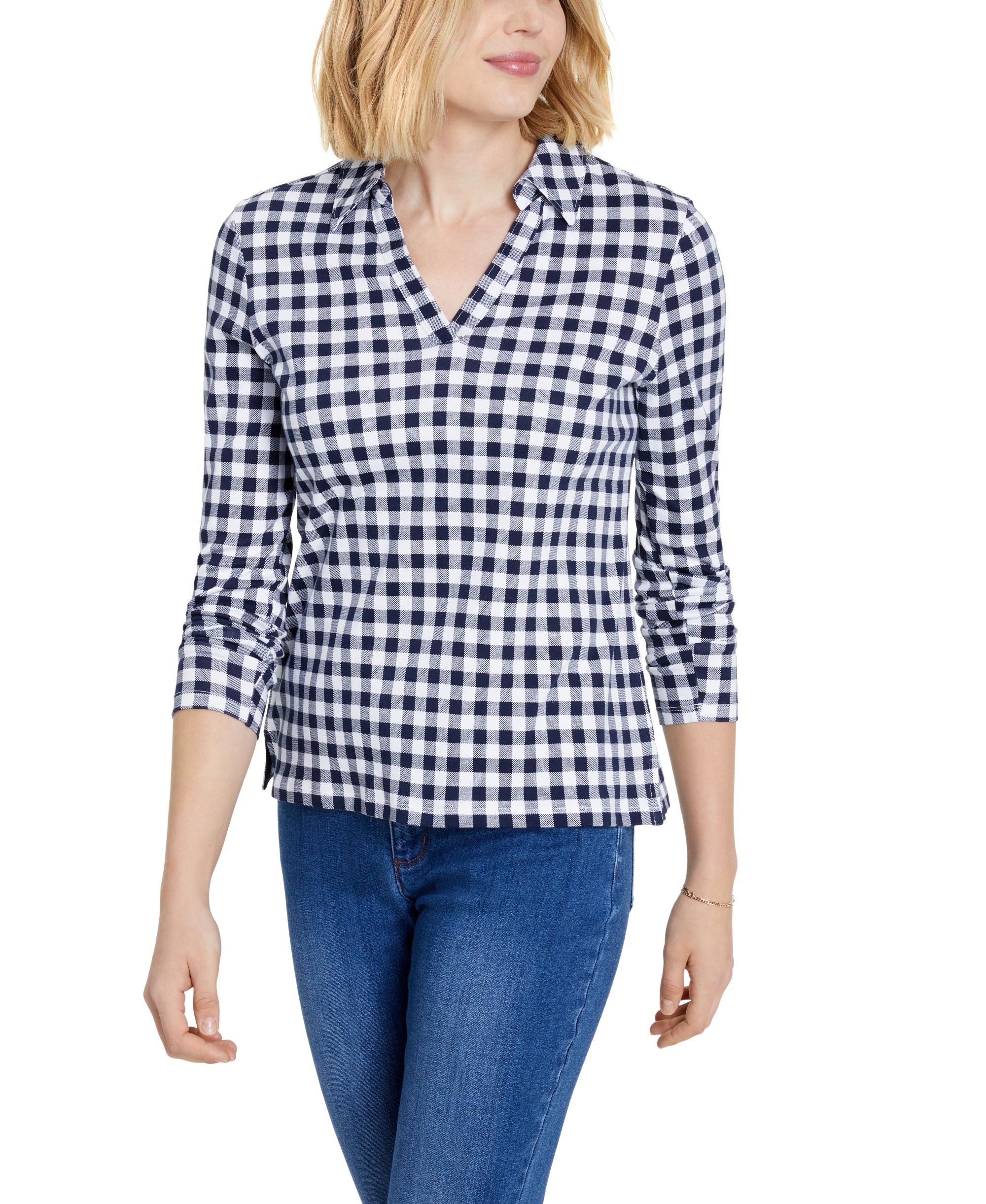 Charter Club Gingham Johnny Collar Top