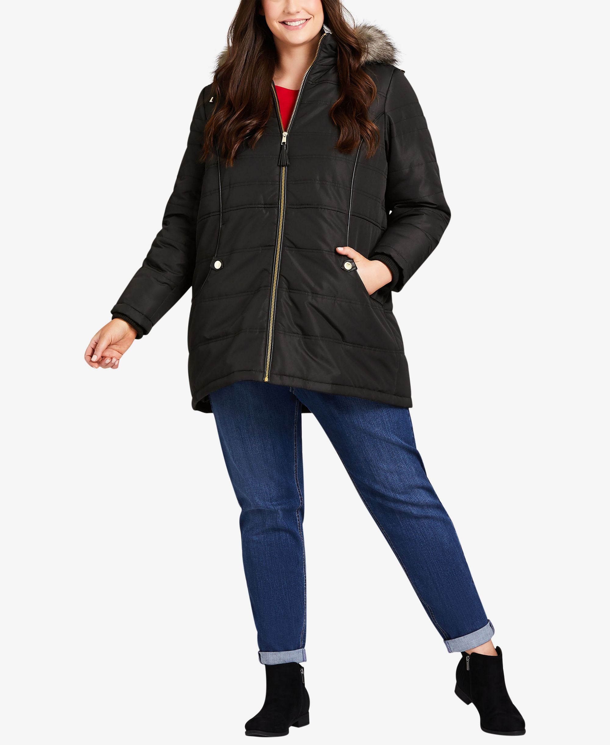 Plus Size Faux Leather Detail Puffer Coat