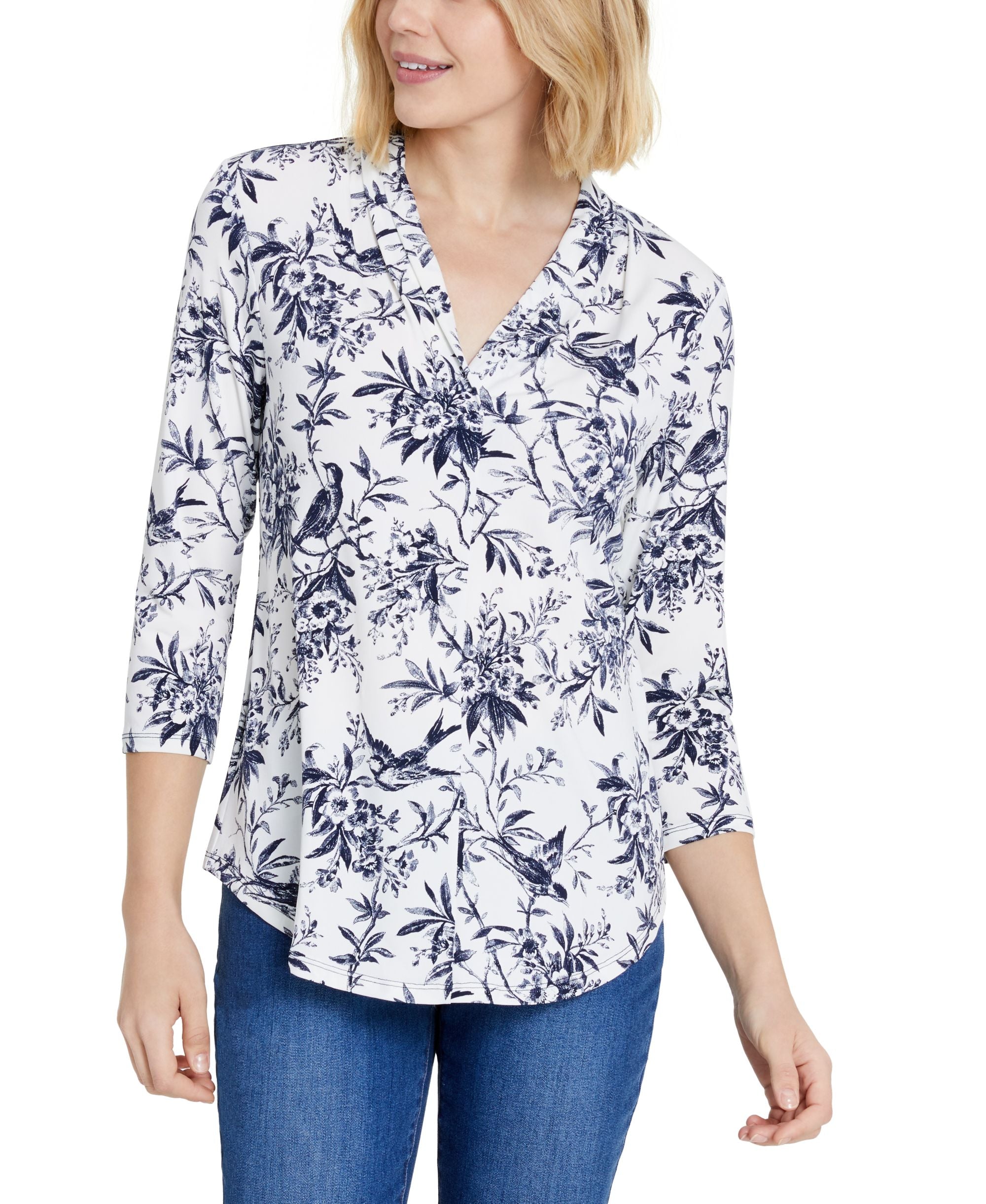 Charter Club Printed Toile V Neck Top